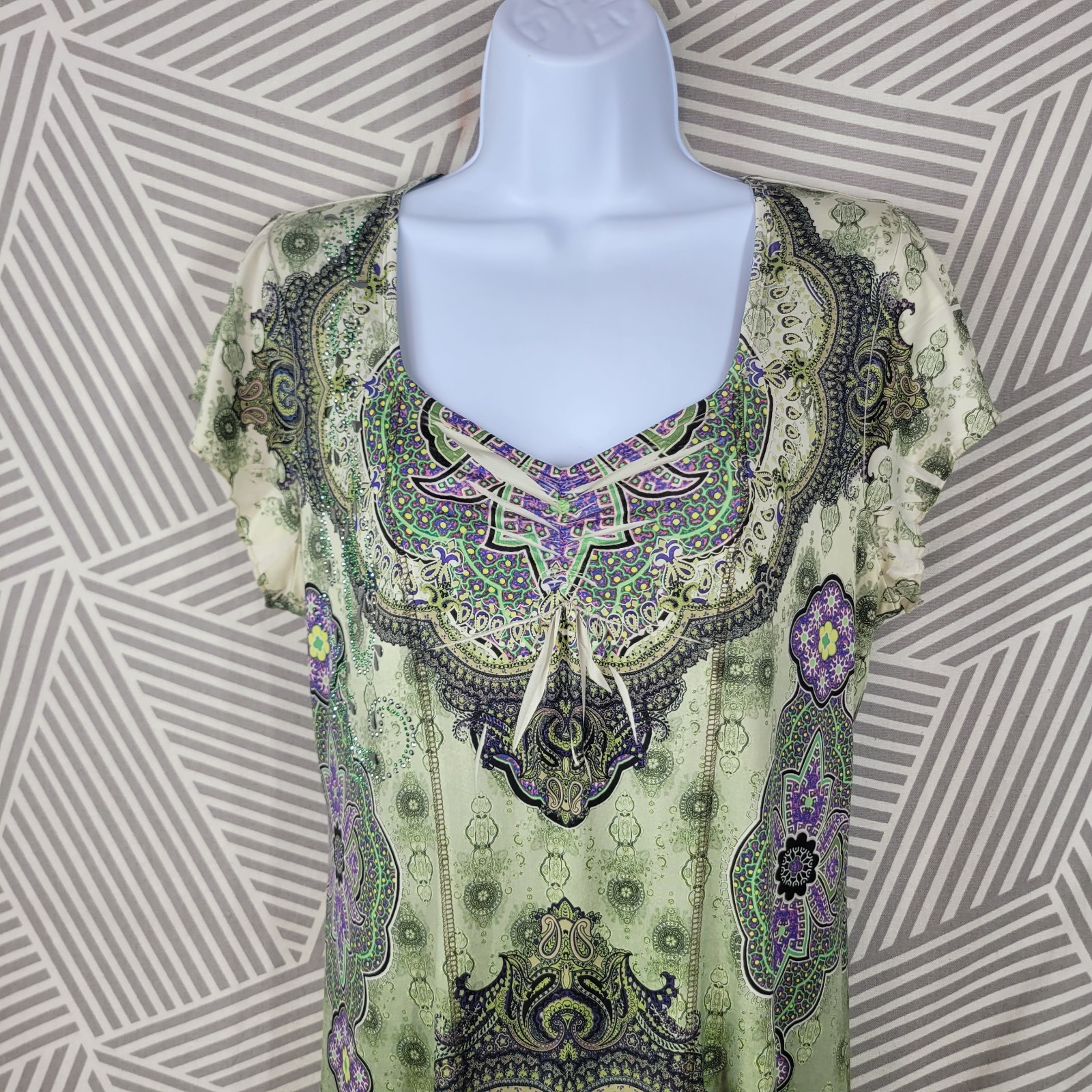 Vintage Y2K Dress Size Large Stretch Romantic Green Pleated Skirt Knee Length