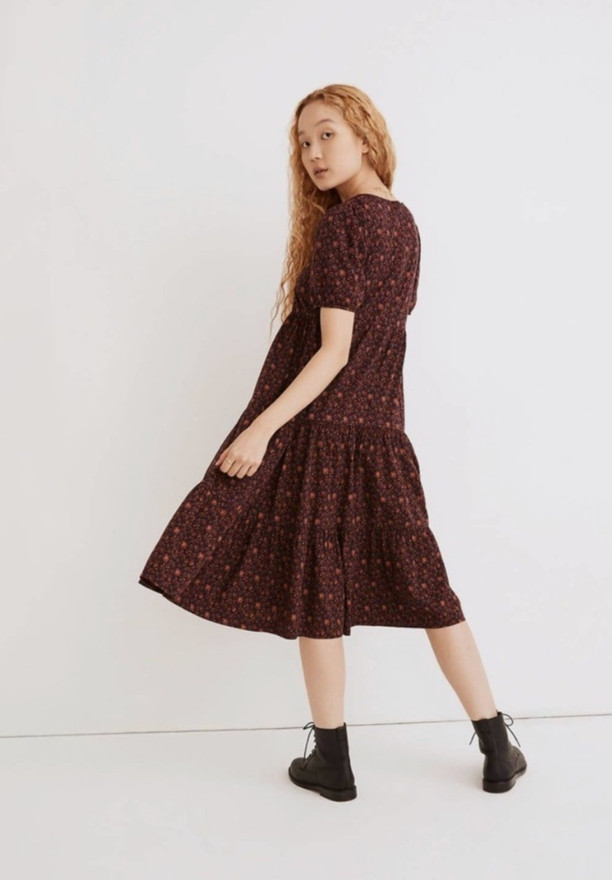 Madewell Aidy Square Neck Tiered Midi Dress Short Sleeve Floral Print Size 4