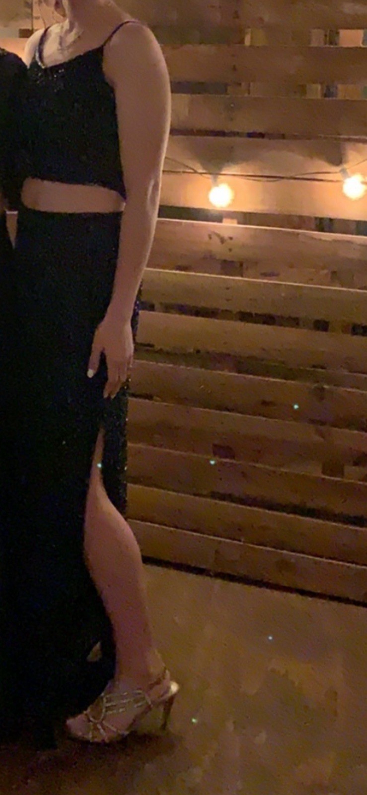 Sean X.Press Navy Beaded Long Gown Scoop Neck Sleeveless Side Slit