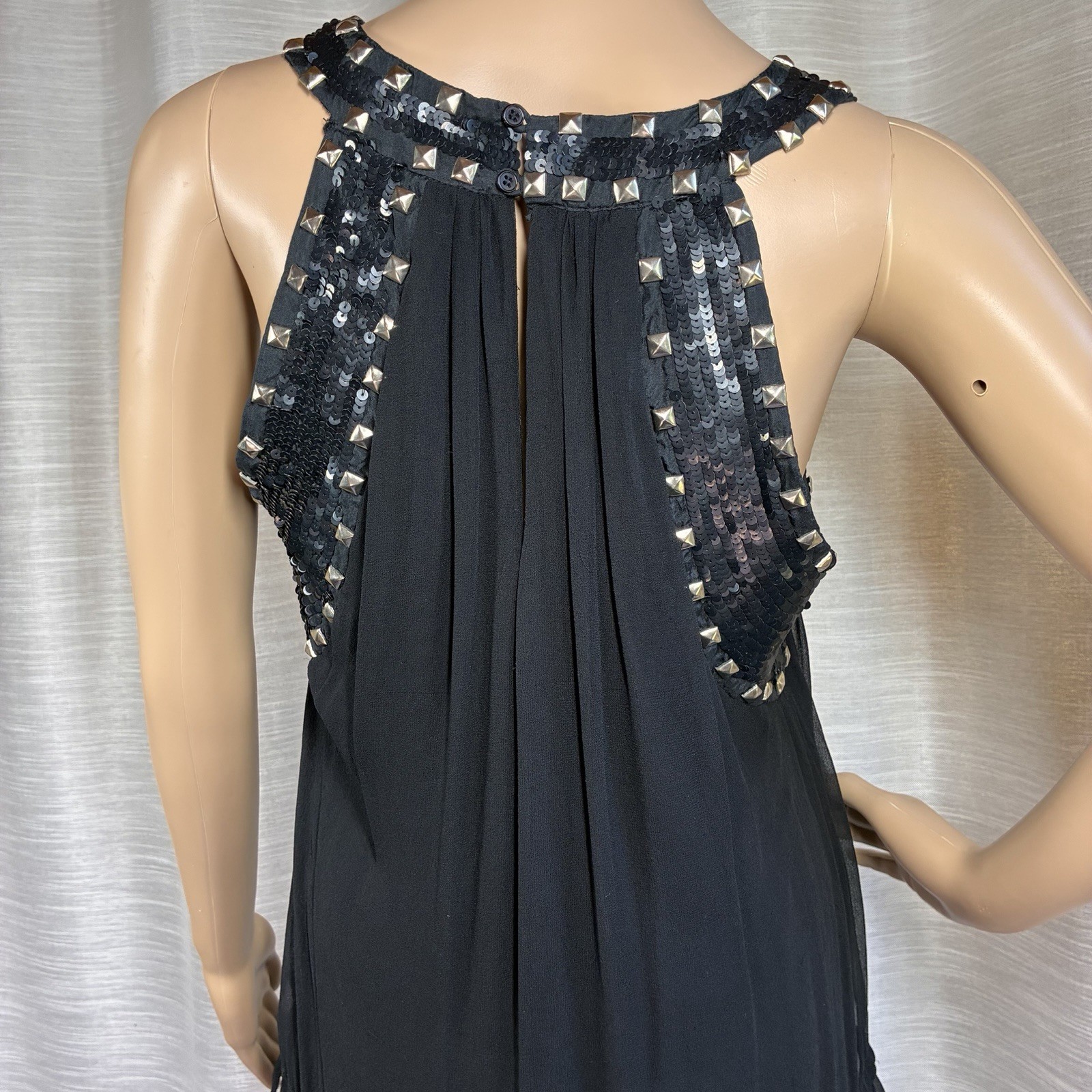 Hannah Jo Silk Mini Dress Size M Black Studded Sequin Embellished Keyhole Grunge