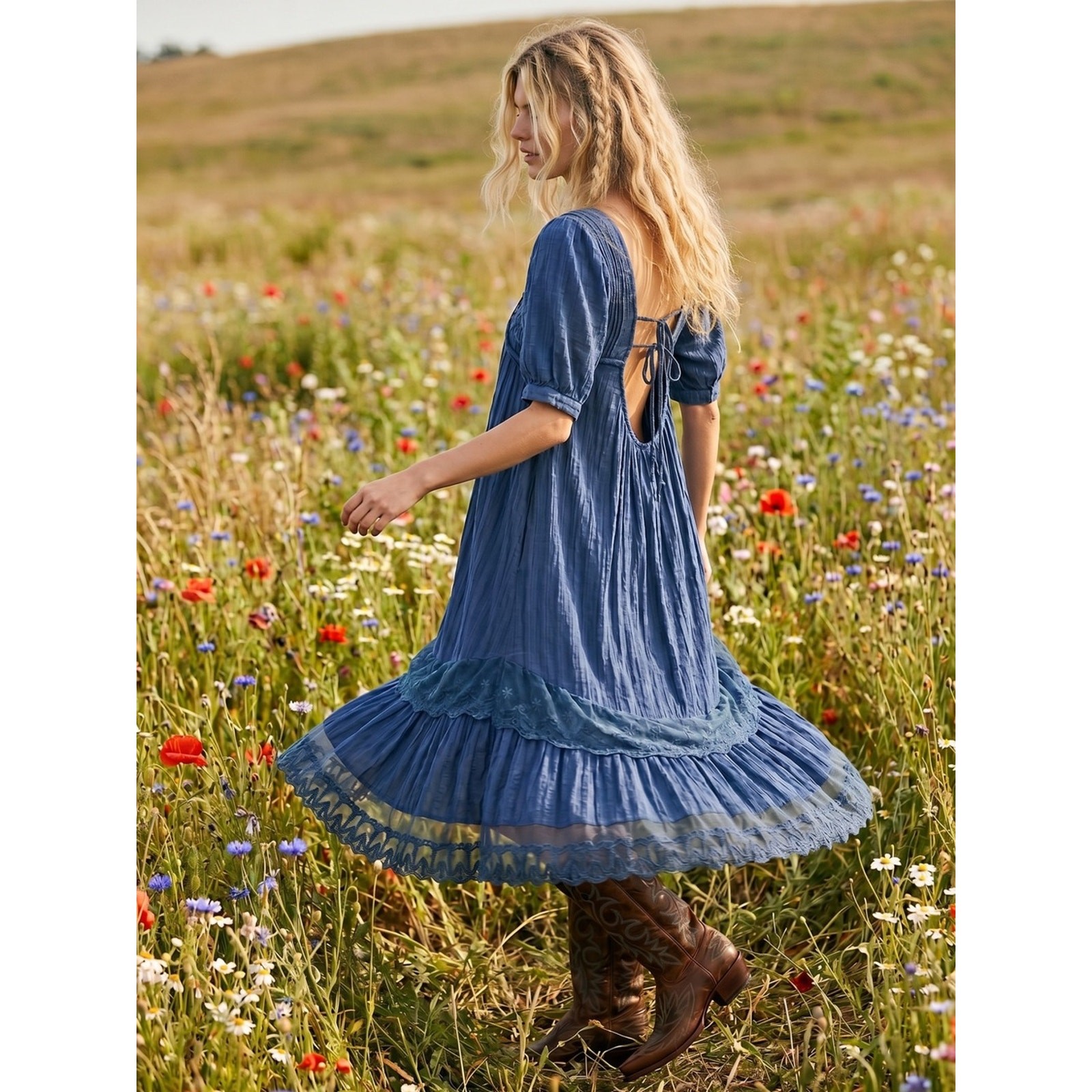 Free People Bohemian Cottage Americana Star Lace Calder Midi Dress Size Medium