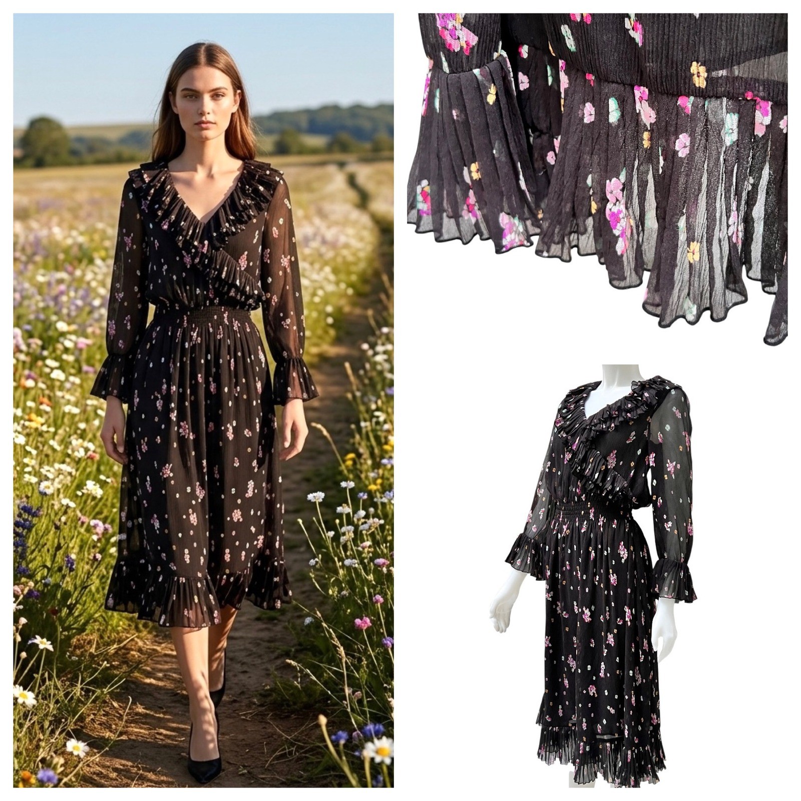 & Other Stories Paris Atelier Black Floral Ruffle Midi Dress Smocked Fairy Sz 6