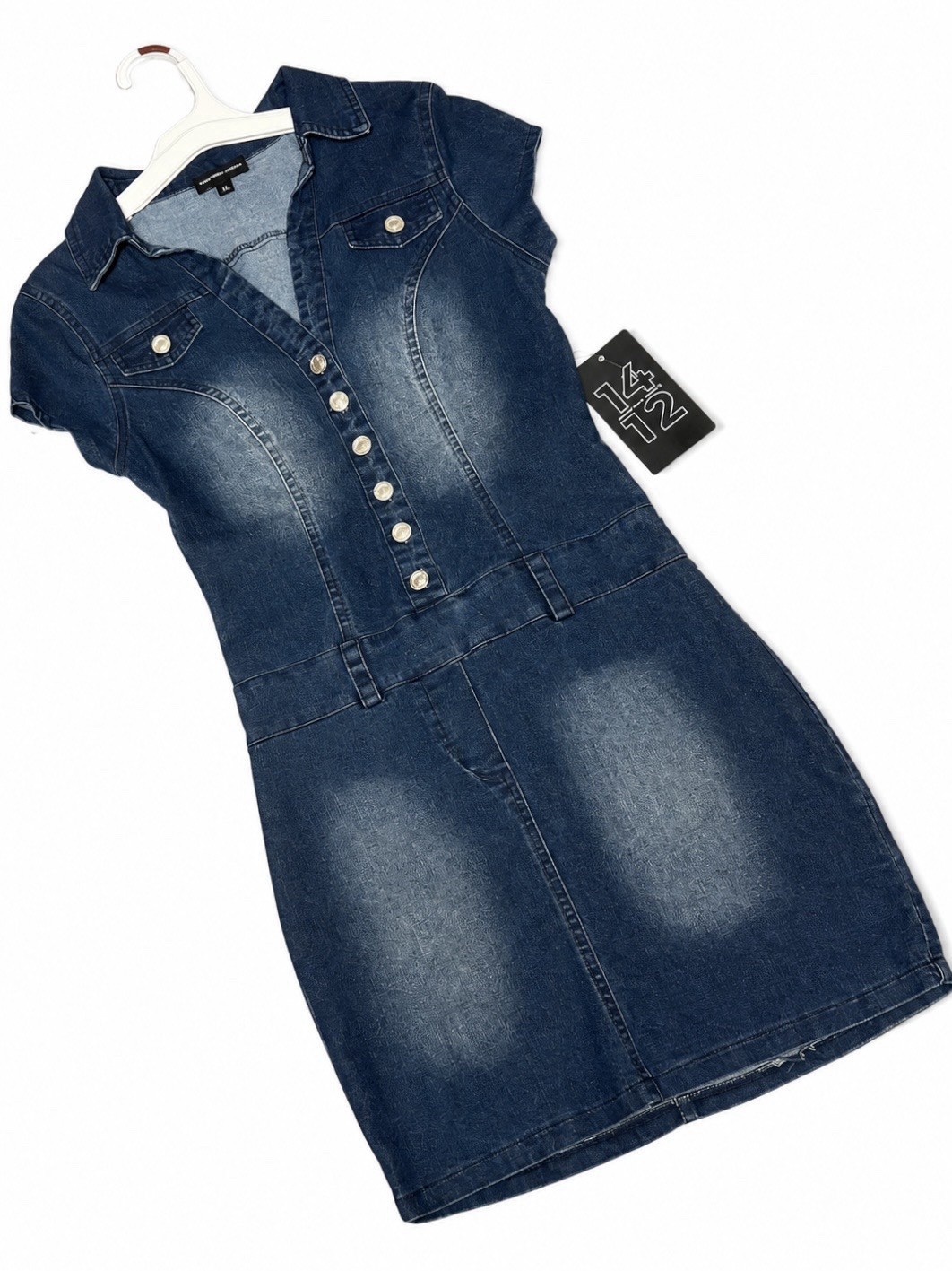 1412 Denim Shirt Dress Small NWT Button Front Stretch Blue Jean Mini Dress