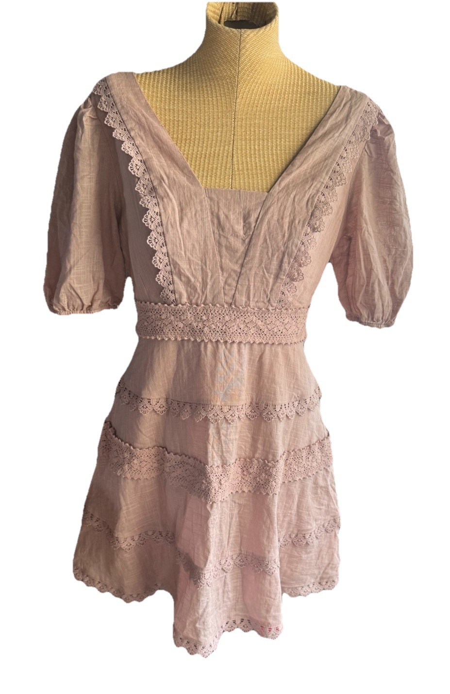 City Studio 100% Cotton Mini Dress- Mauve Light Rose Pink- Crochet Trim- Sz 10