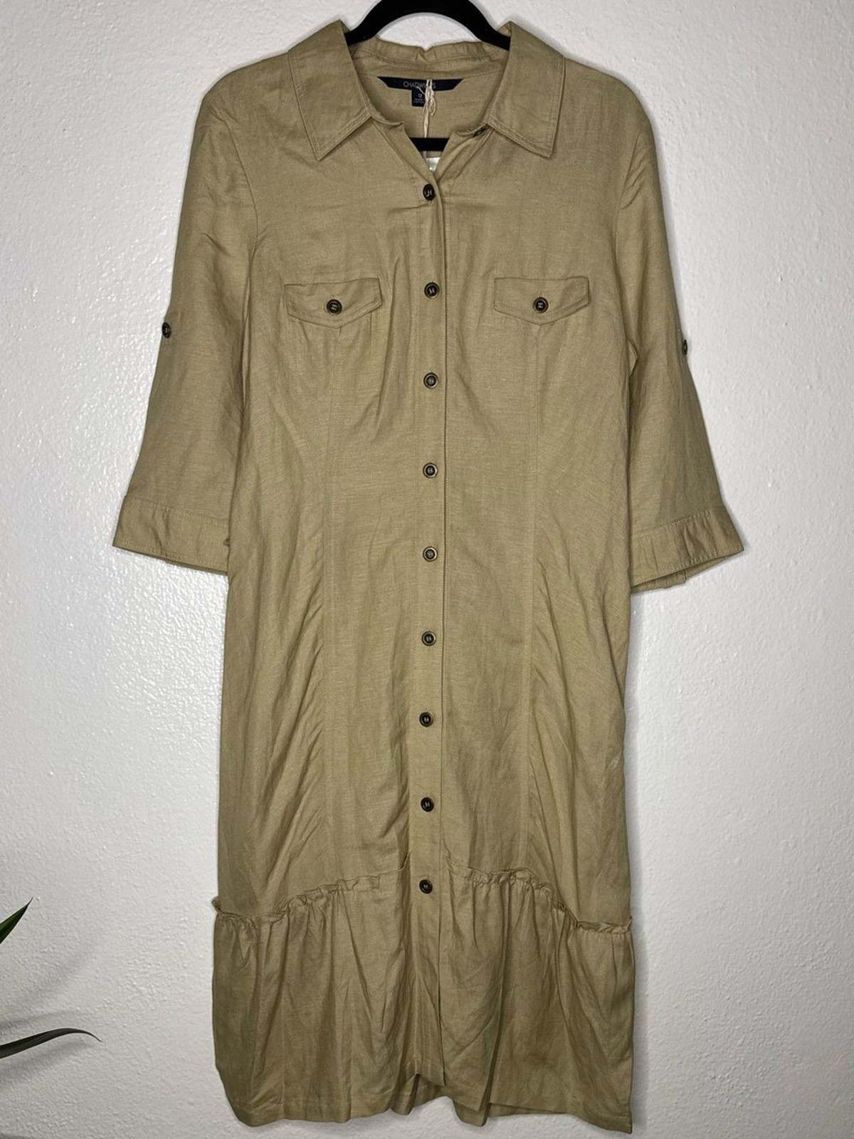 Chadwicks – Khaki Button Front Midi Shirt Dress with Pockets