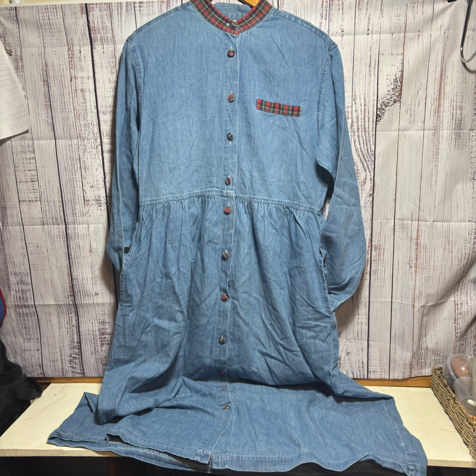 Vintage Capacity Knits Dress Womens Large Plaid Denim Button Front Cottagecore