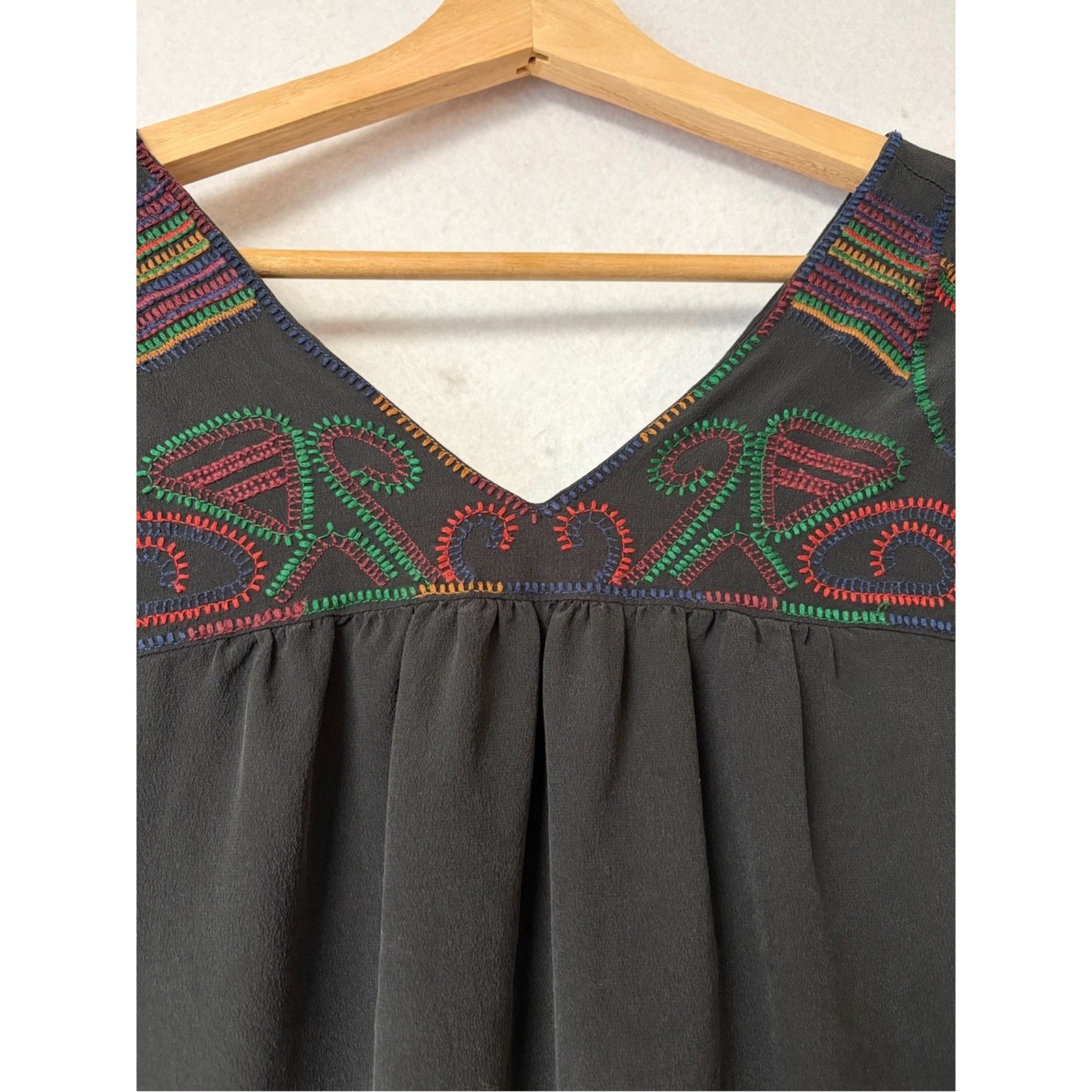 Madewell 100% Silk Embroidered Shift Dress Black Multicolor Boho Artisan Small