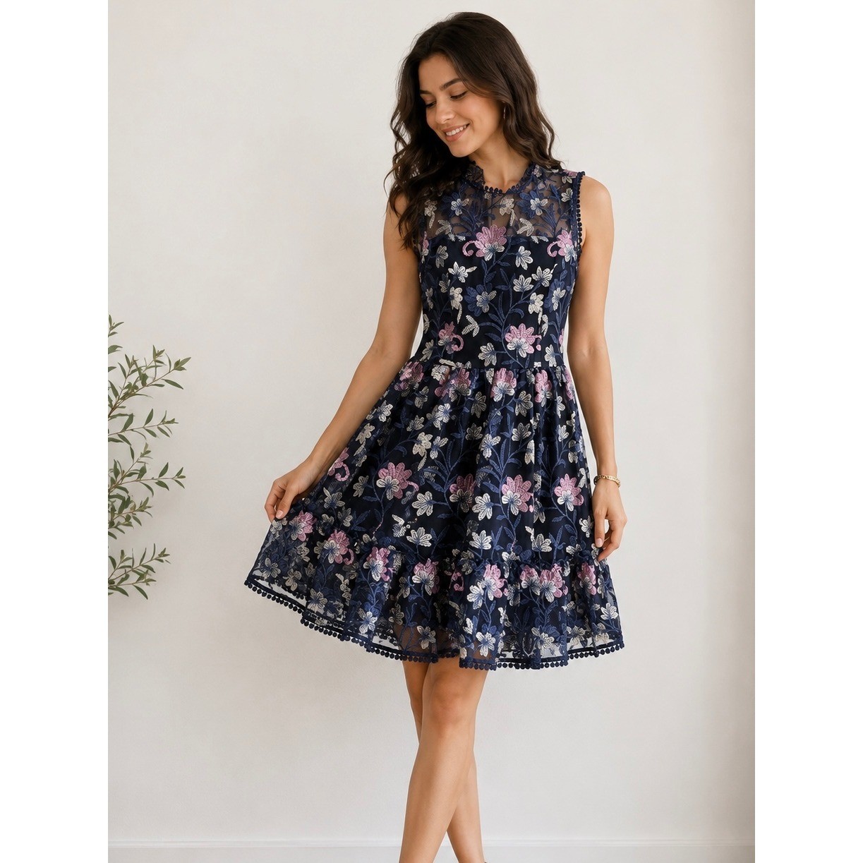 Cupcakes and Cashmere Navy Floral Embroidered Mesh Dress Sleeveless 4