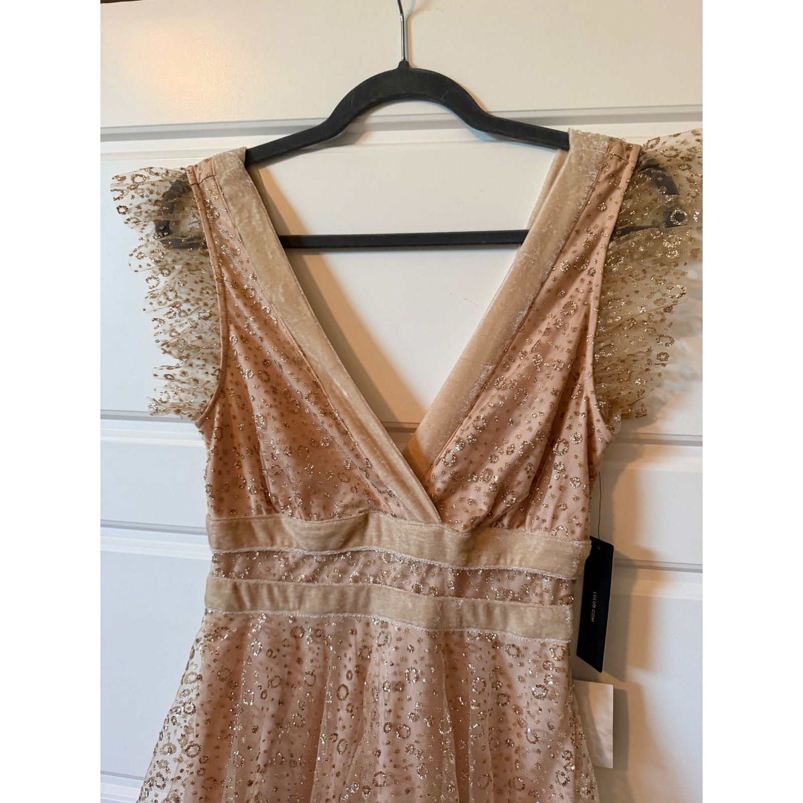 Lulus Champagne Gold Glitter Tulle Tiered Mini Dress Small Fairycore Glam