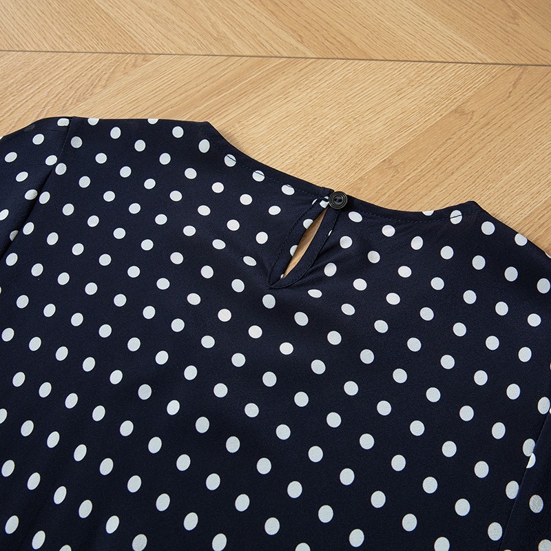 100% Mulbery Silk Navy Polka Dots Short Sleeve Fit Type Women Midi Dress QQ031