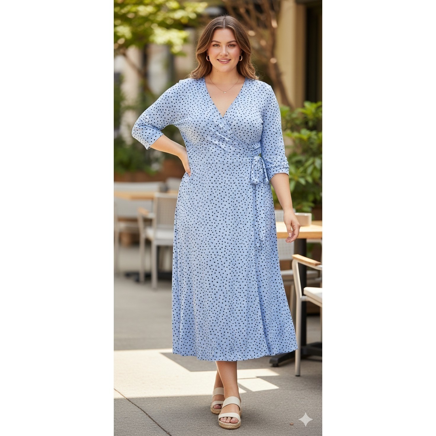 NWT Beachlunchlounge Wrap Dress Women XXL Blue Polka Dot Midi 3/4 Sleeve