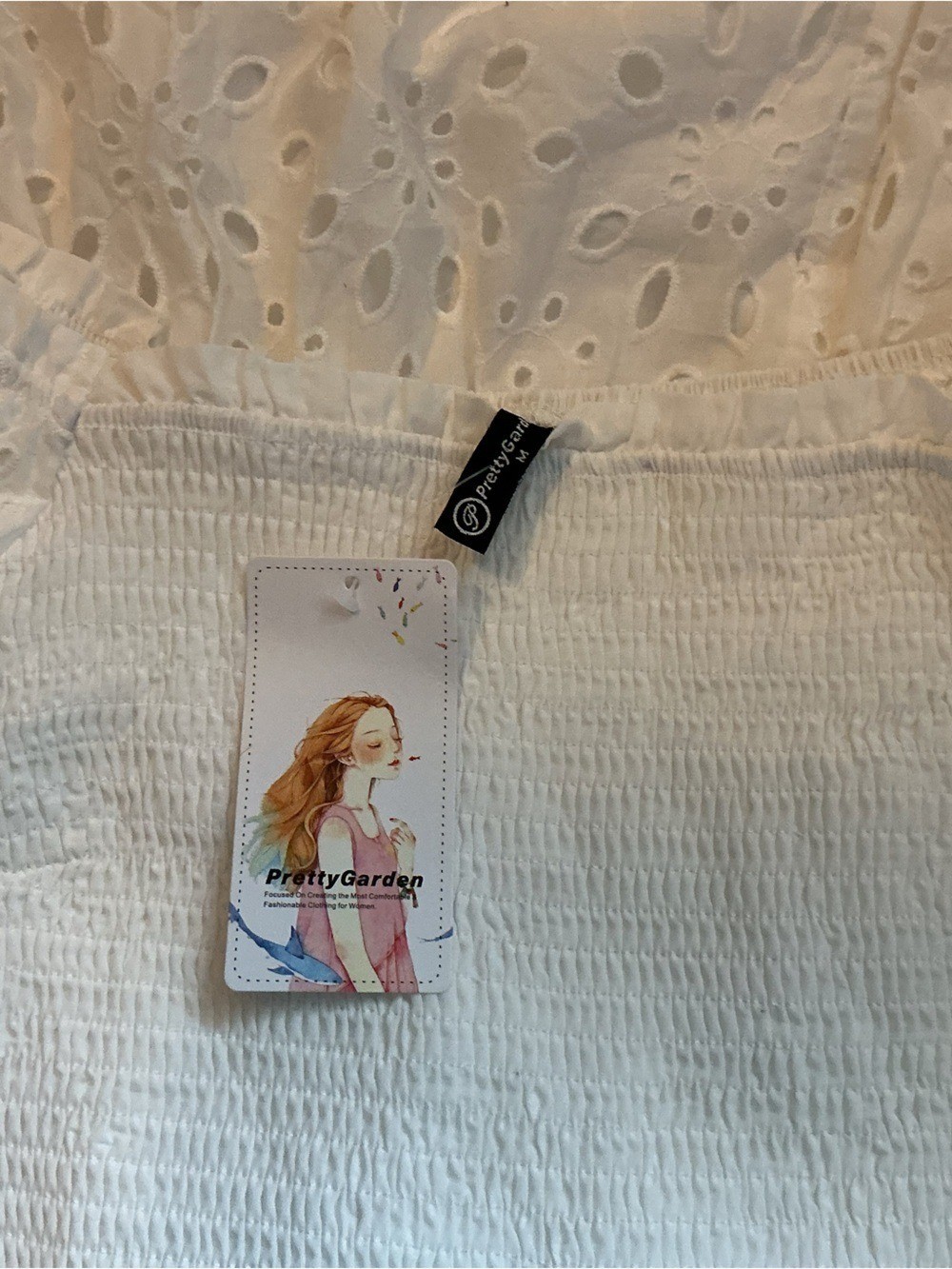 PrettyGarden Maxi Dress Medium White Smocked Puff Sleeve Tiered Boho