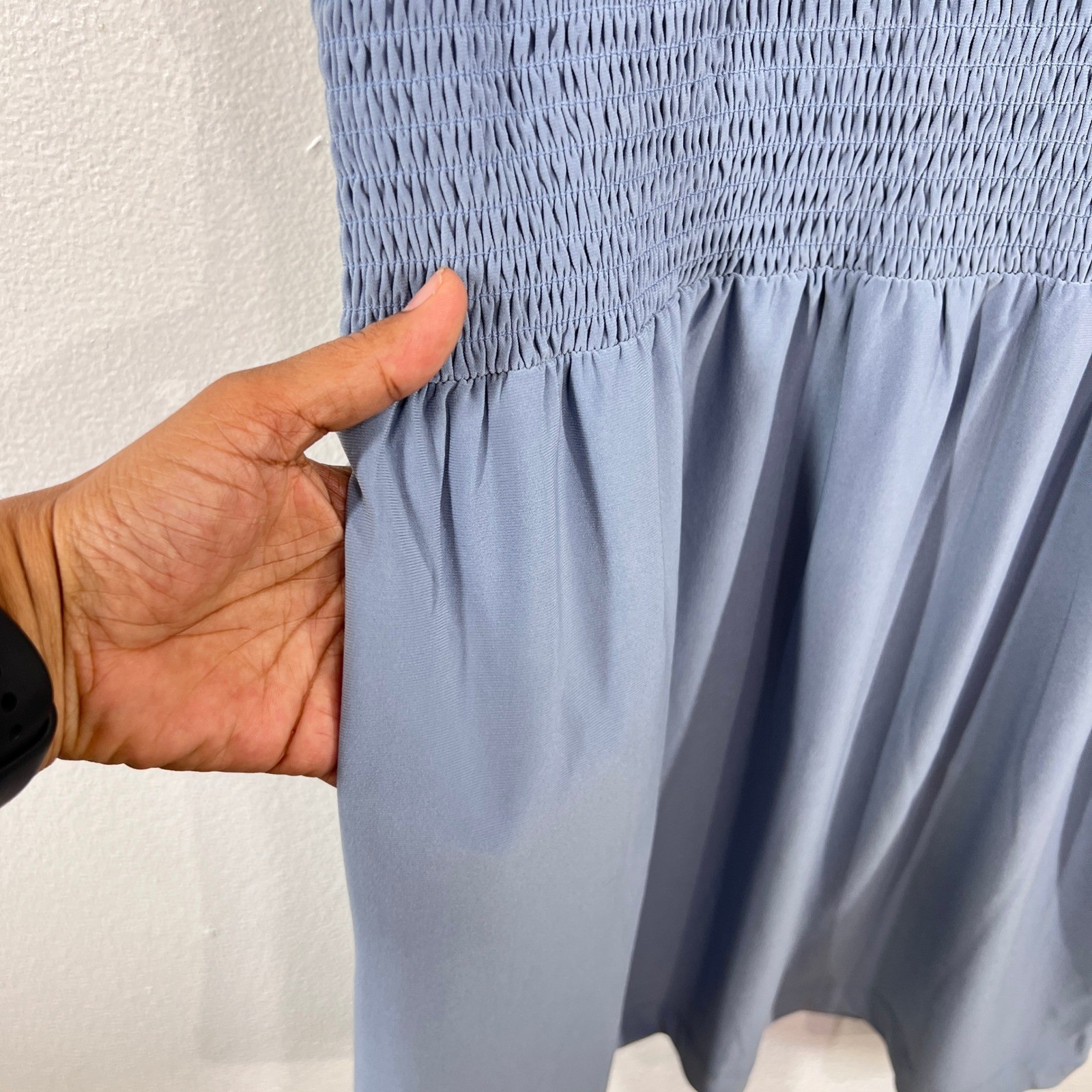 White House Black Market Light Blue Smocked Waist Dress Small Cap Sleeves Midi