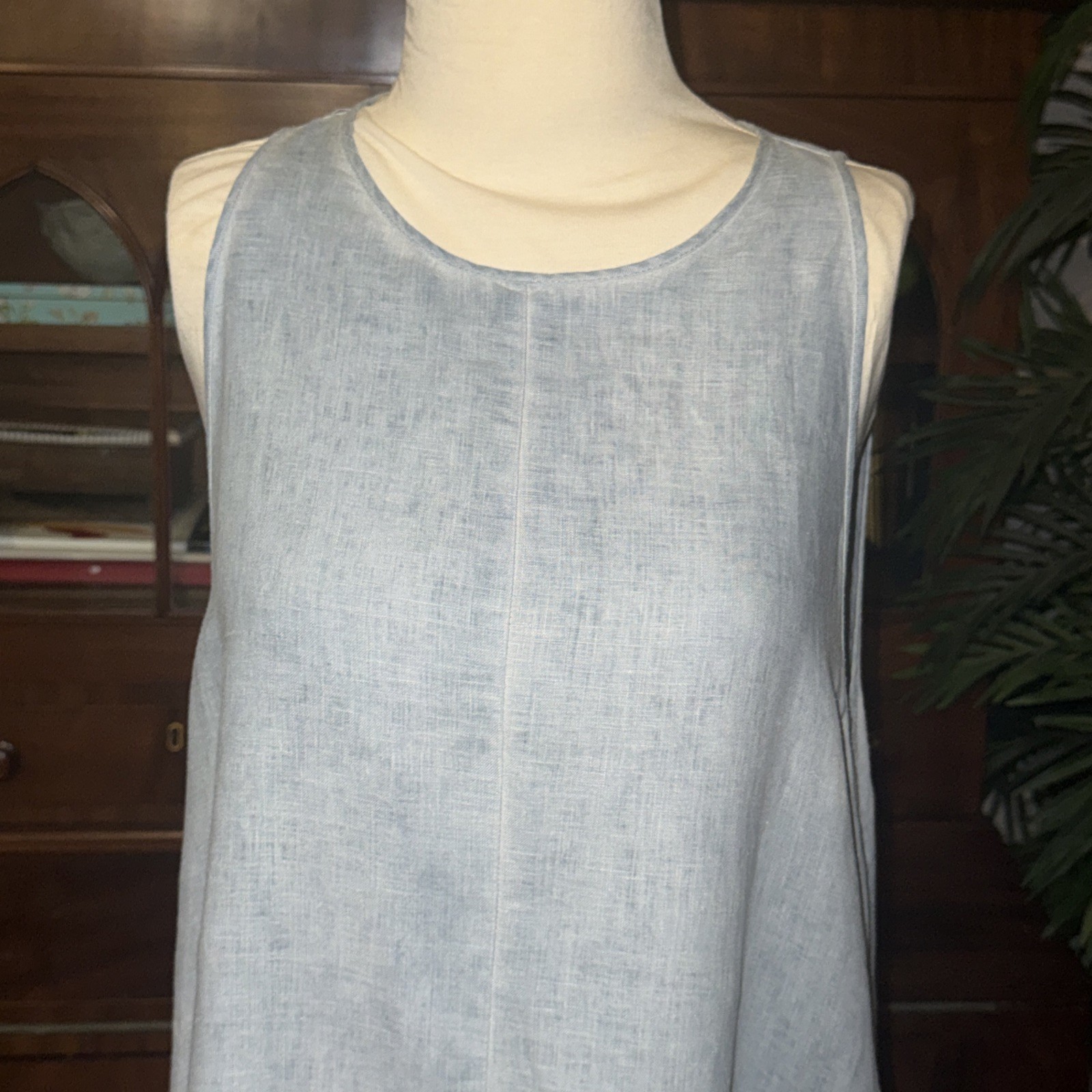 Zara Pale Blue Linen Sleeveless Shift Dress with a frayed/raw hem Womens SZ M