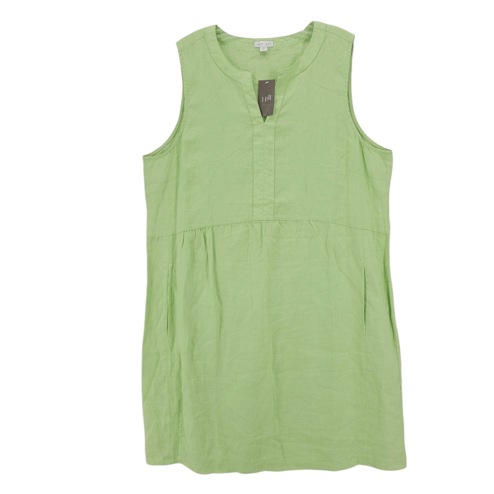 NWT J.JILL Love Linen Verbena Green Sleeveless Dress Split Neck 100% Linen XL