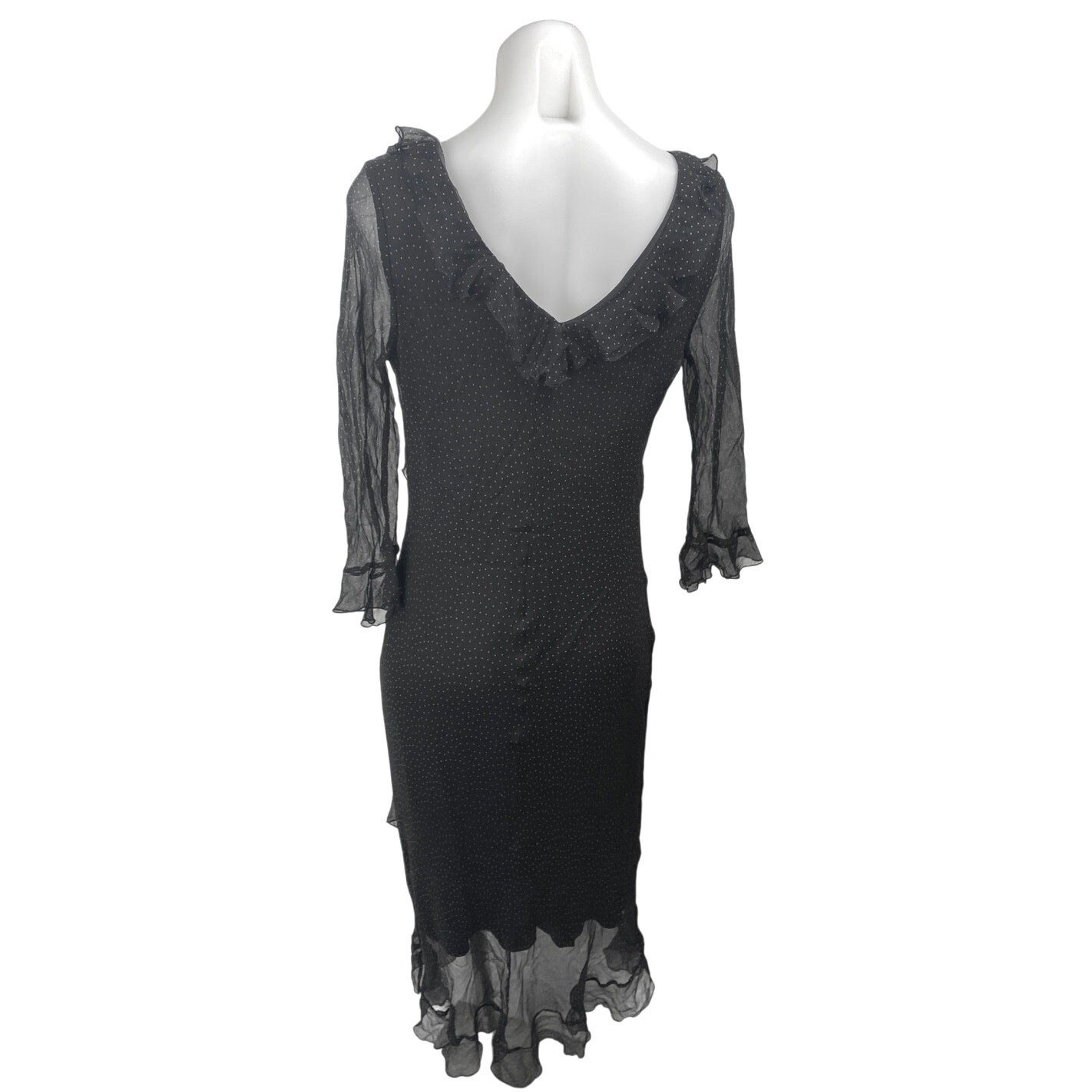 Jonathan Martin 100% Silk Black Polka Dot Ruffle V-neck Midi Bodycon Dress Sz 10