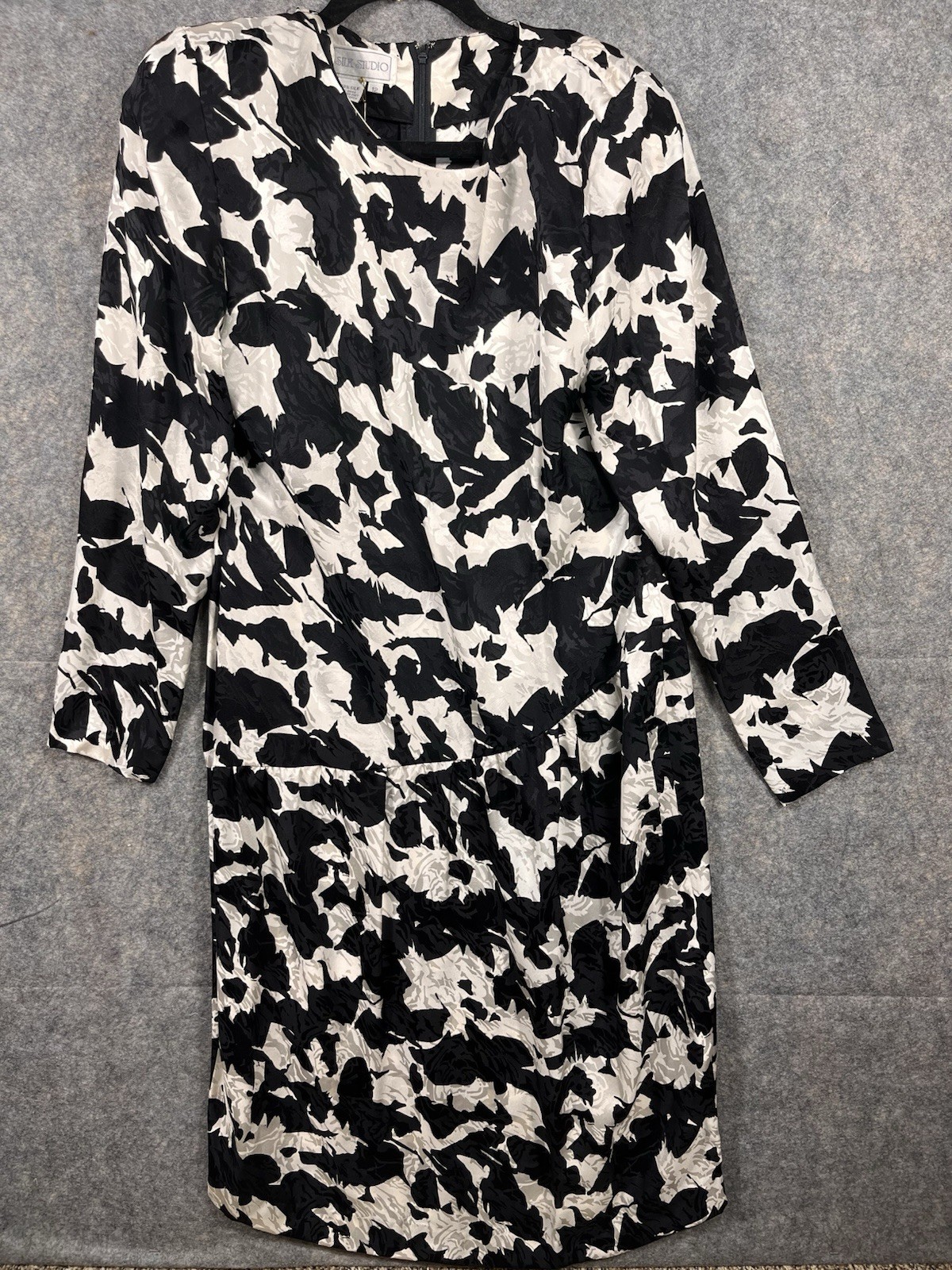 Vintage Silk Studio Dress 12 Black White 100% Silk Long Dress