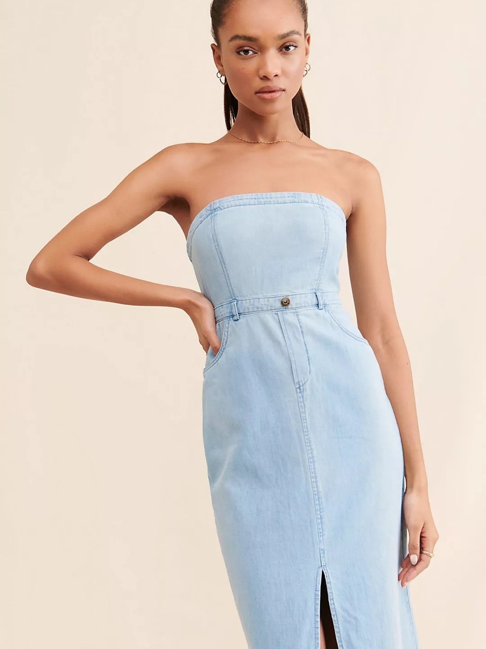 Free People Picture Perfect Light Wash Denim Strapless Dress