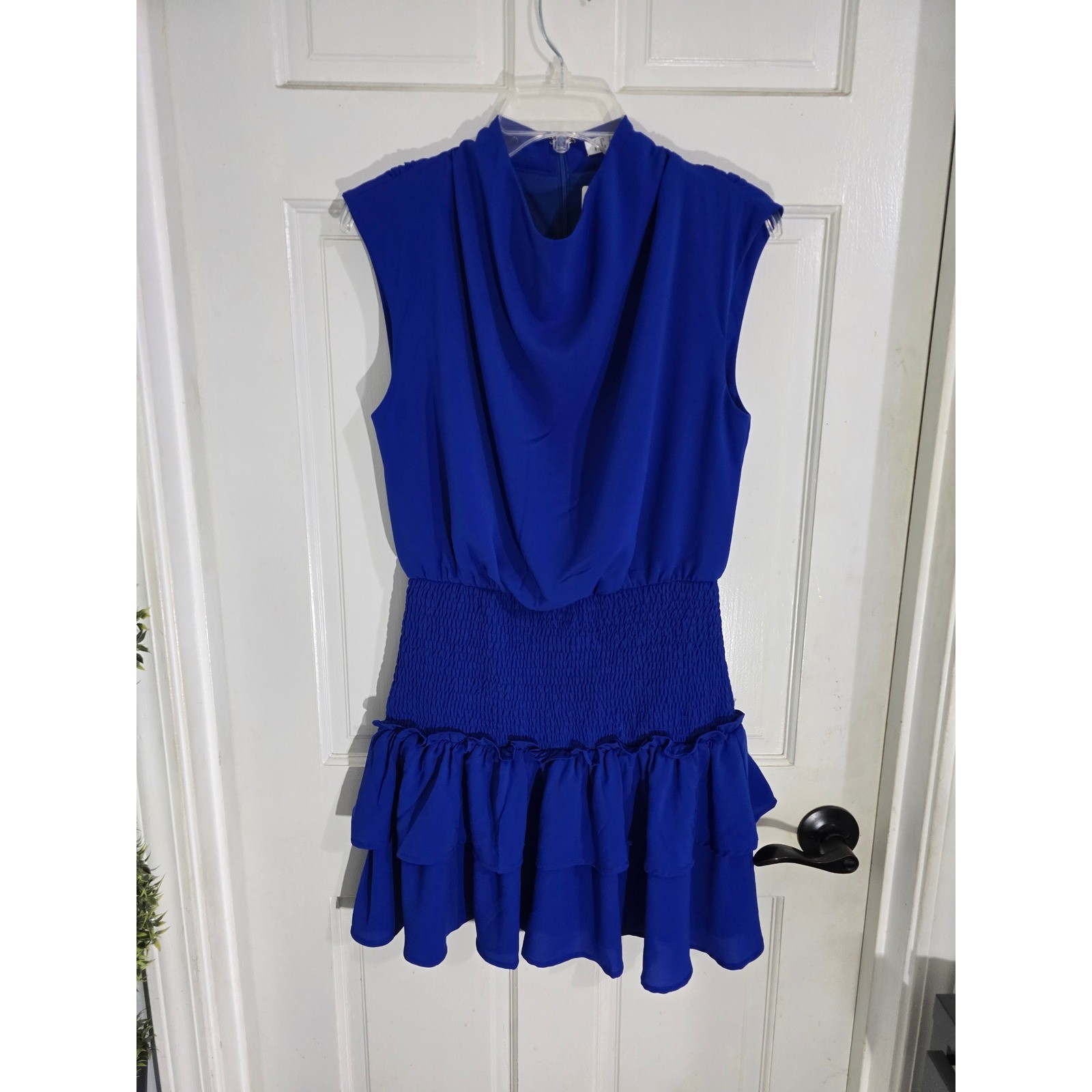 TCEC Royal Blue Cowl Neck Smocked Waist Tiered Ruffle Mini Dress Small NWT