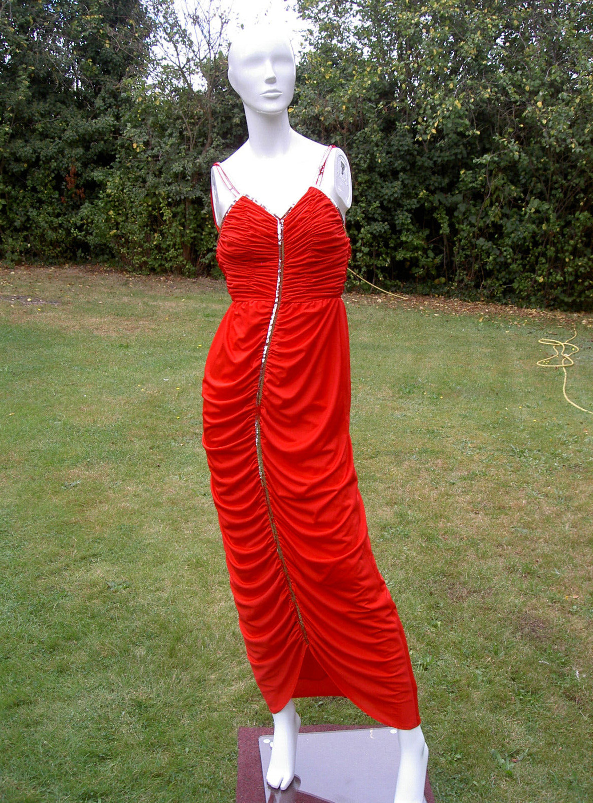 VINTAGE AFTER SIX RONALD JOYCE SCARLET RED EVENING DRESS SILVER SEQUINS ROUCHED