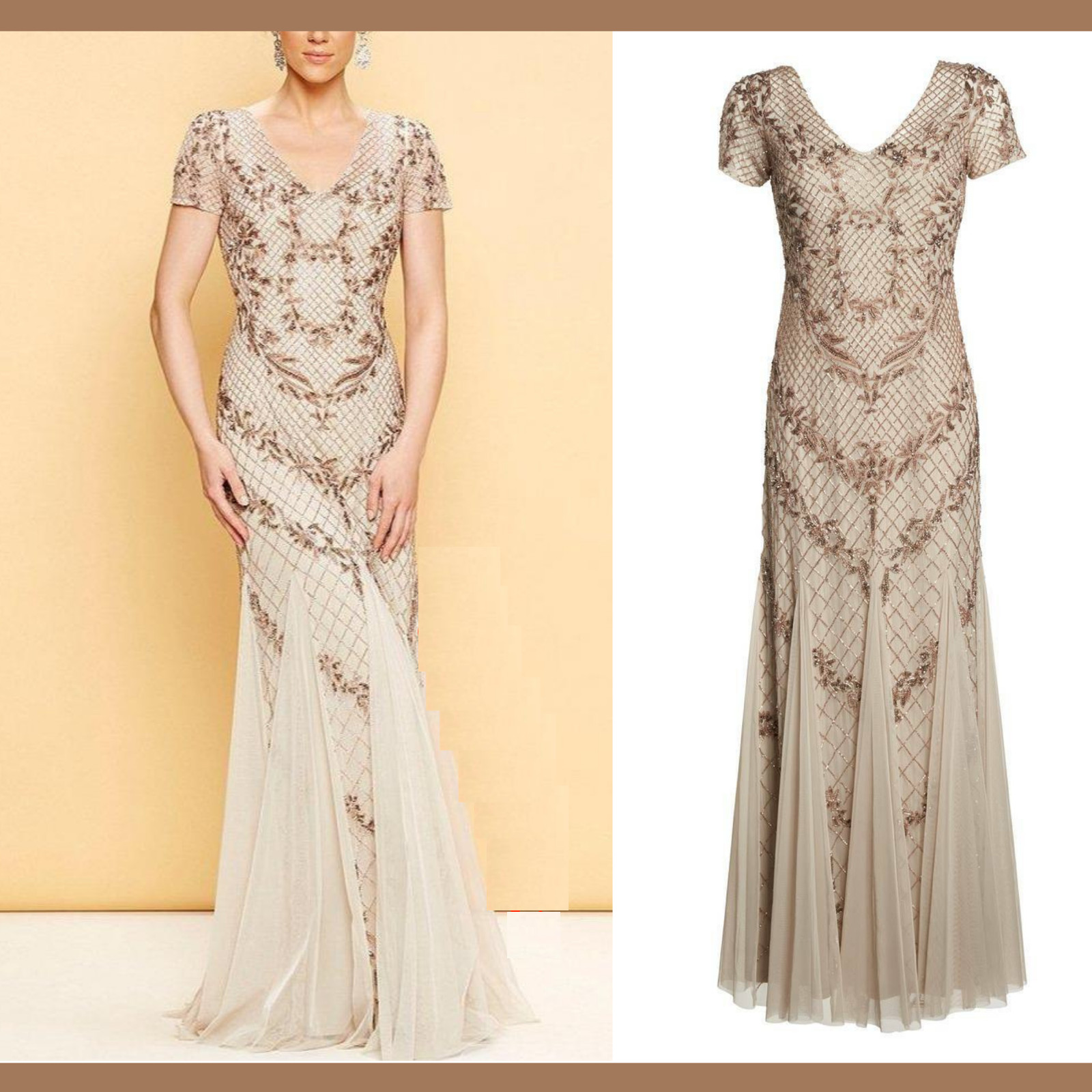 NEW Adrianna Papell [ 8 ] Floral Beaded Mesh Mermaid Gown in Biscotti Cream M837
