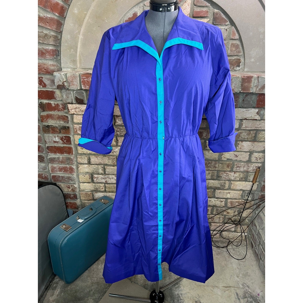 shirt dress dolman sleeve purple aqua blue shoulder pads