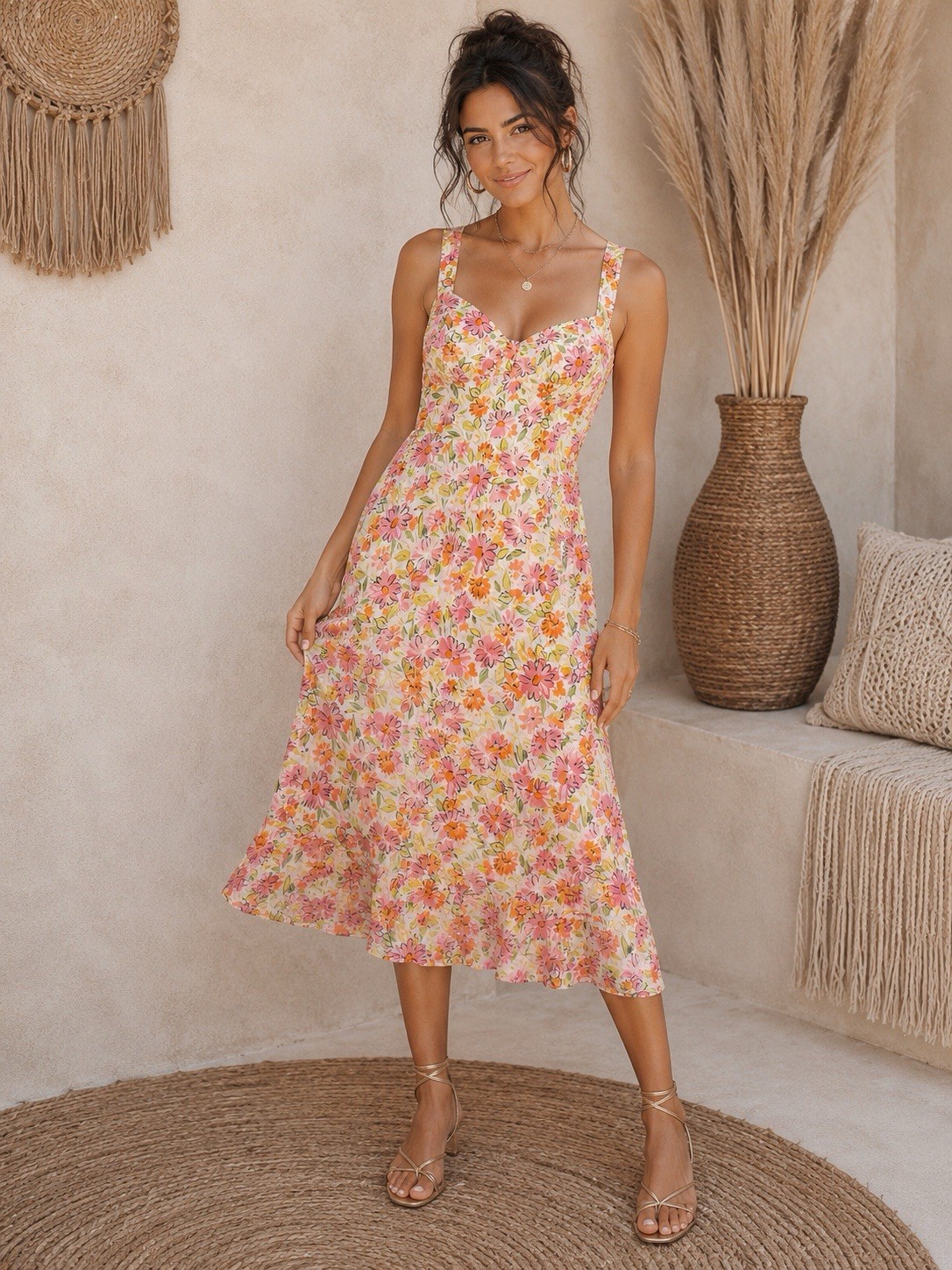 Karin Stevens Midi Dress Pink & Orange Floral Print Size 8 Cottagecore Romantic
