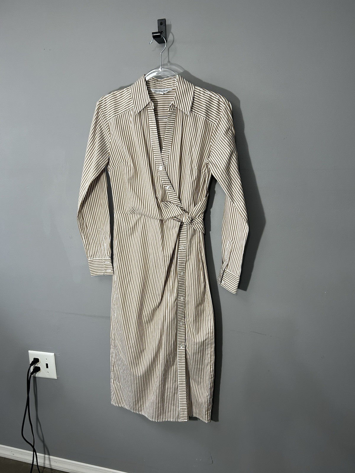 Veronica Beard Wright Striped Long-Sleeve Twist Waist Midi Shirtdress Sz 2