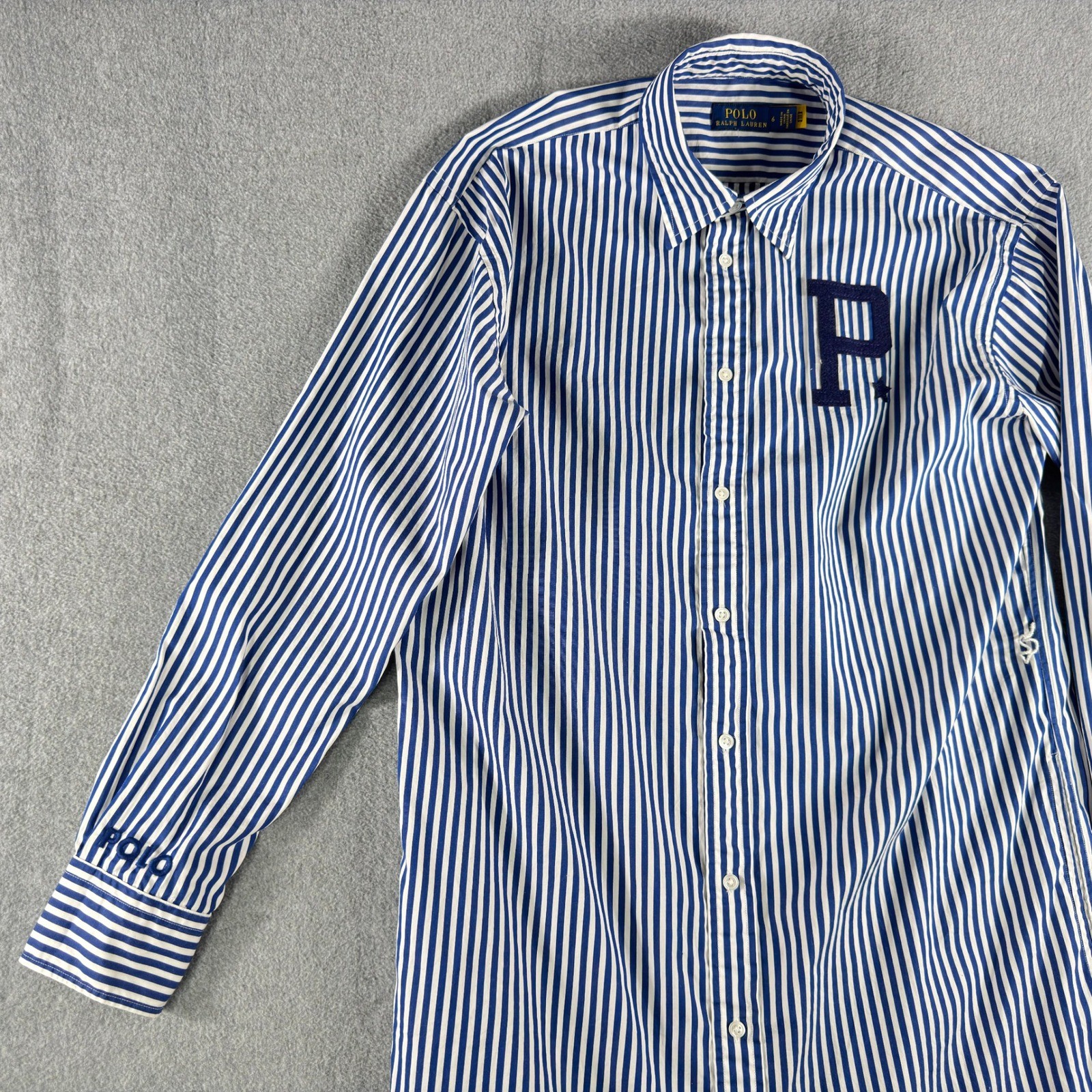 Polo Ralph Lauren Varsity P Patch Shirt Dress Blue White Stripe Size 6 No Belt