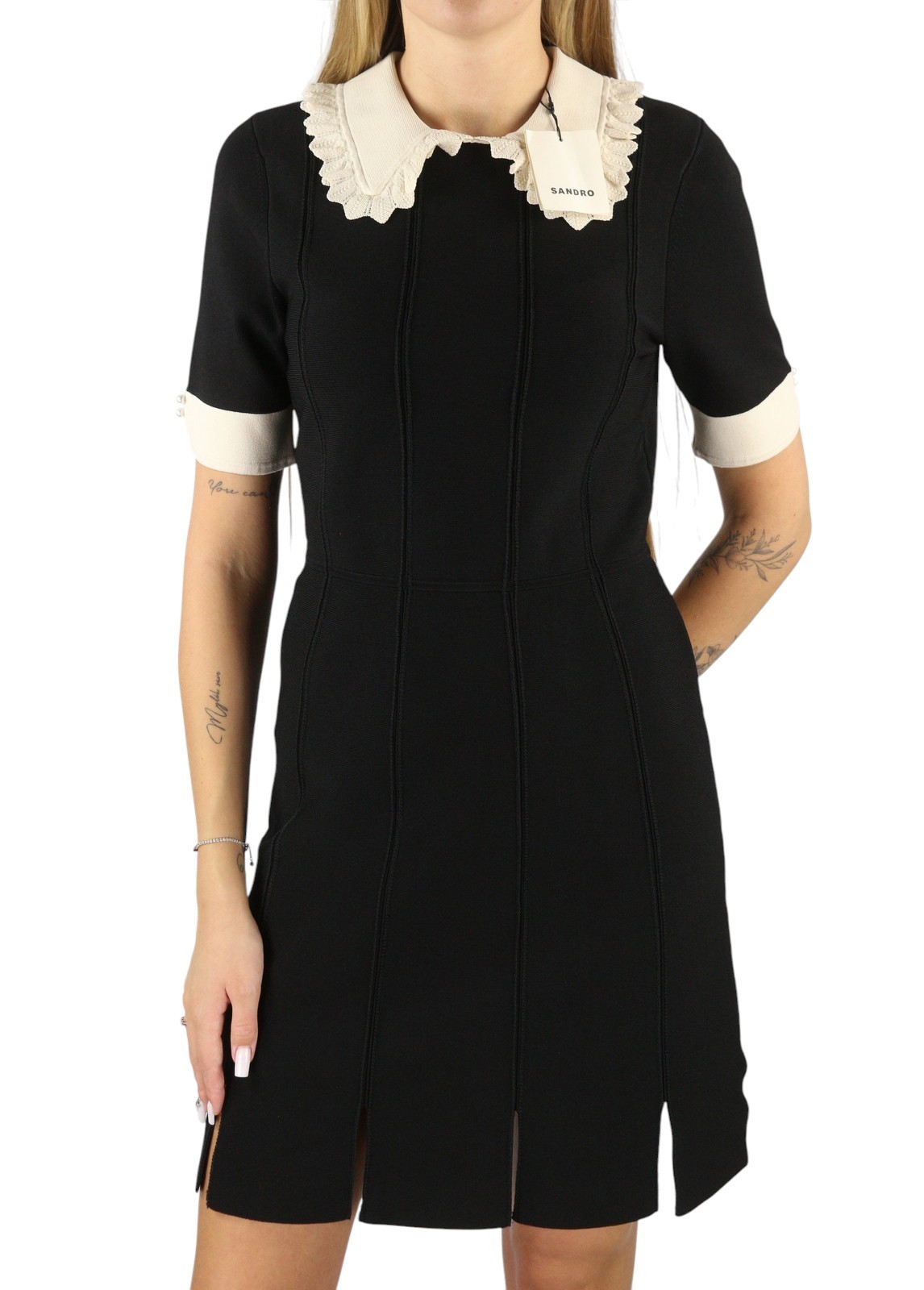 SANDRO Caline Women’s Dress 40 L Black Contrast Trim Flared Sleeve Mini