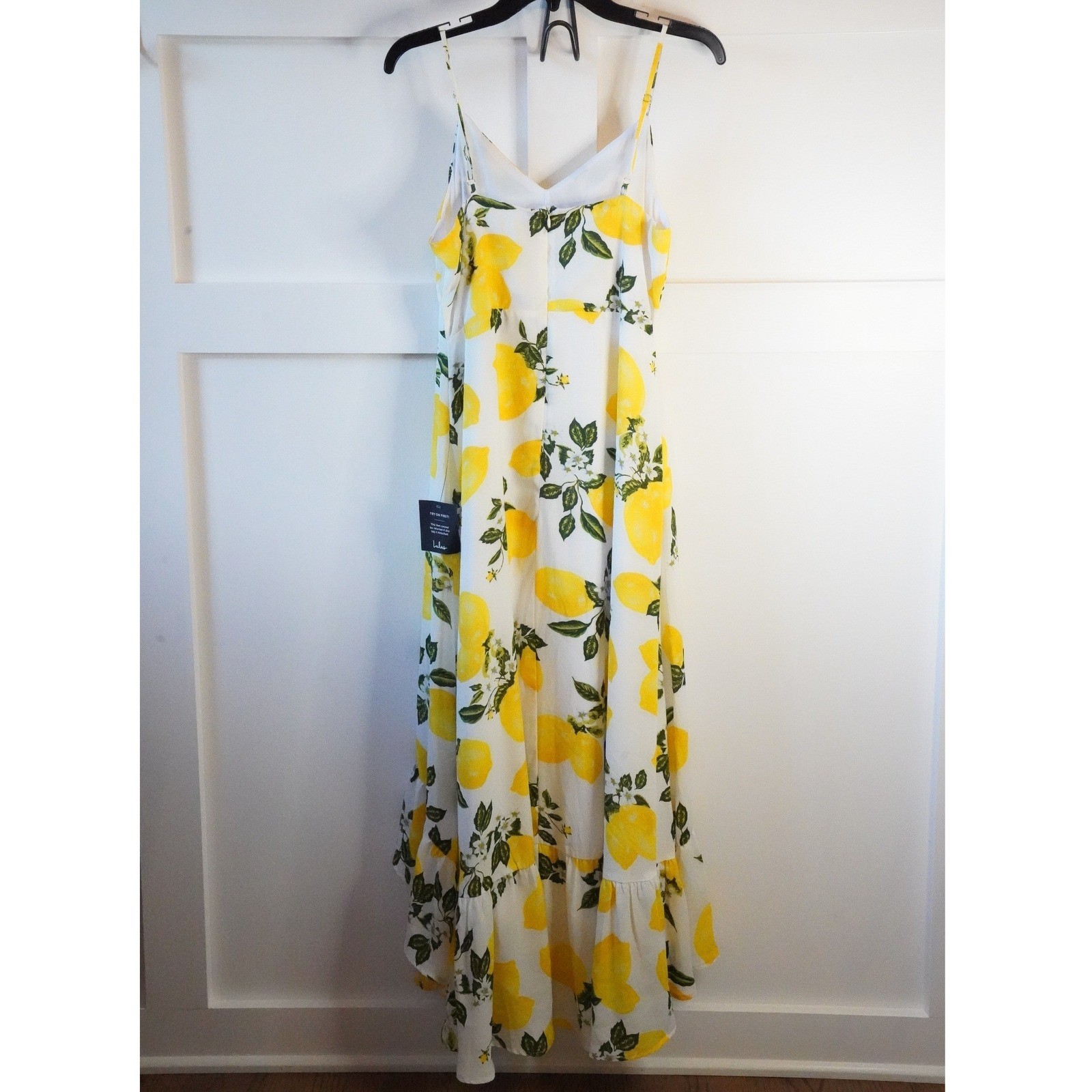 NWT, Lulus, Afternoon Air Yellow Lemon Print High-Low Ruffle Midi Dress Size M