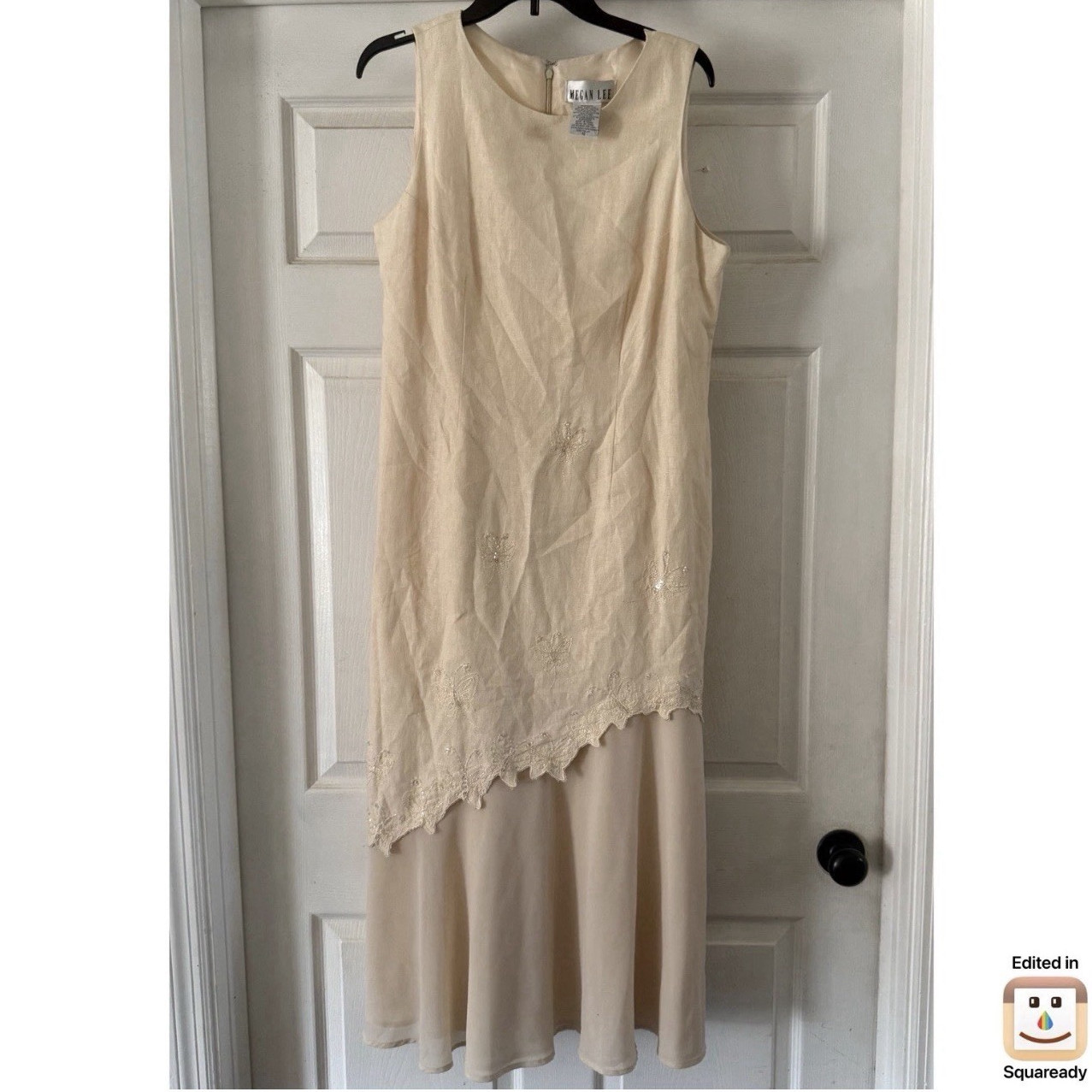 Vintage Megan Lee Womens Beaded Embroidered Linen Rayon Maxi Dress Size 12 Cream