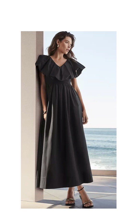 NEW! ANN TAYLOR BLACK Size 4 RUFFLE COLLAR MAXI DRESS COTTON STRETCH FLUTTER