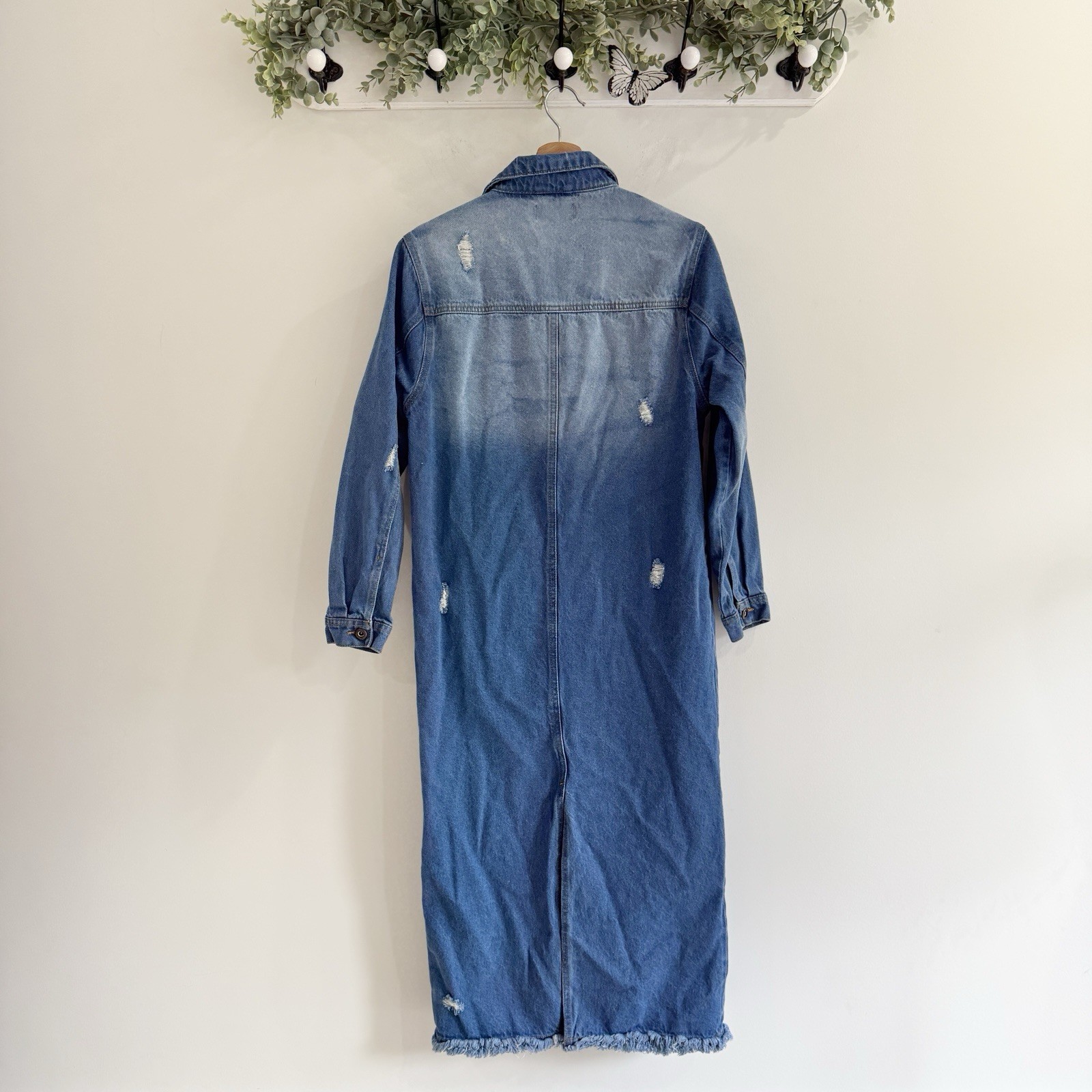 Blue Age Distressed Denim Button Down Jacket Dress Small Y15