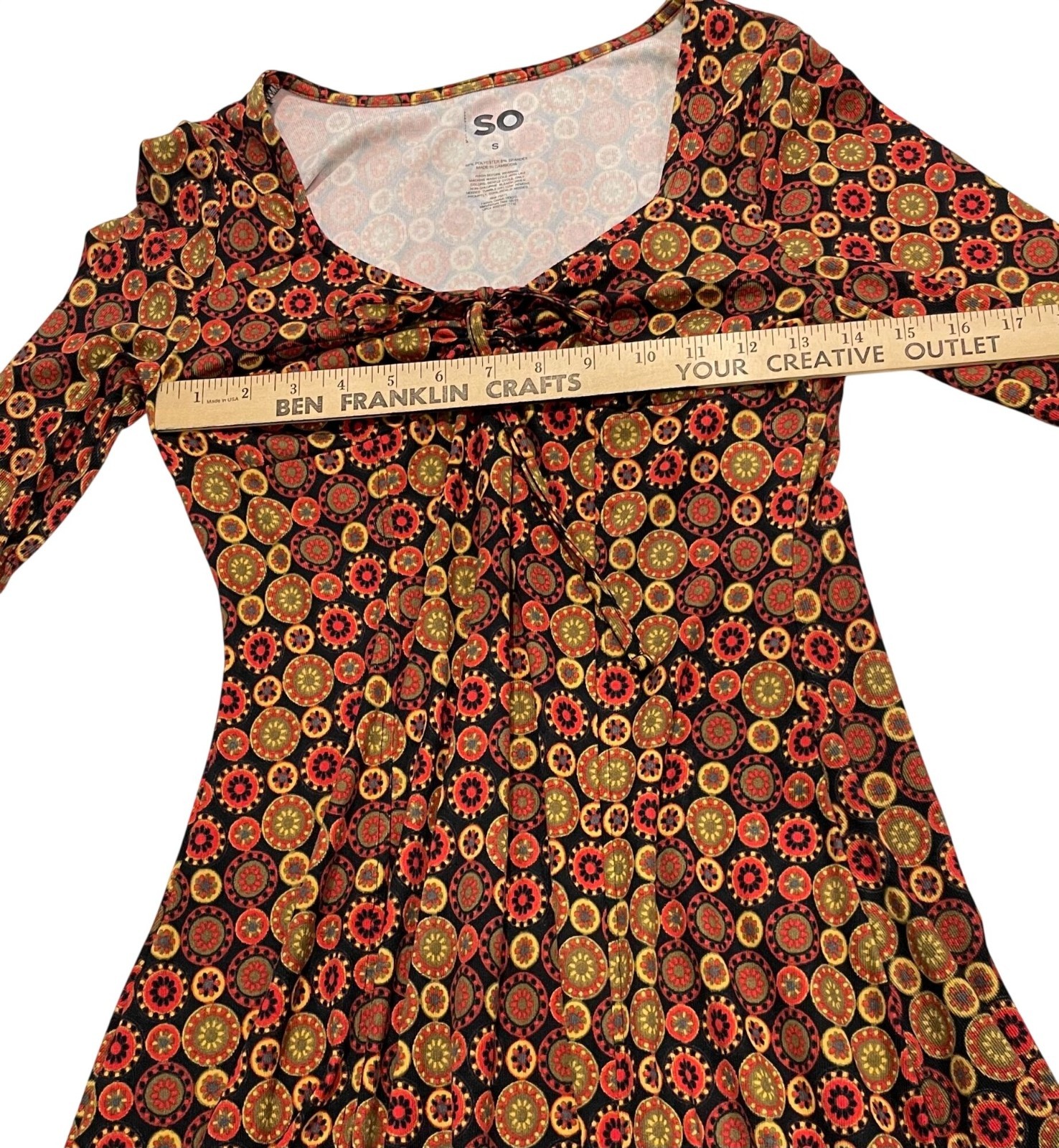 SO Patterned Mini Dress Small Orange Brown Geometric Tribal Boho Gypsy Festival