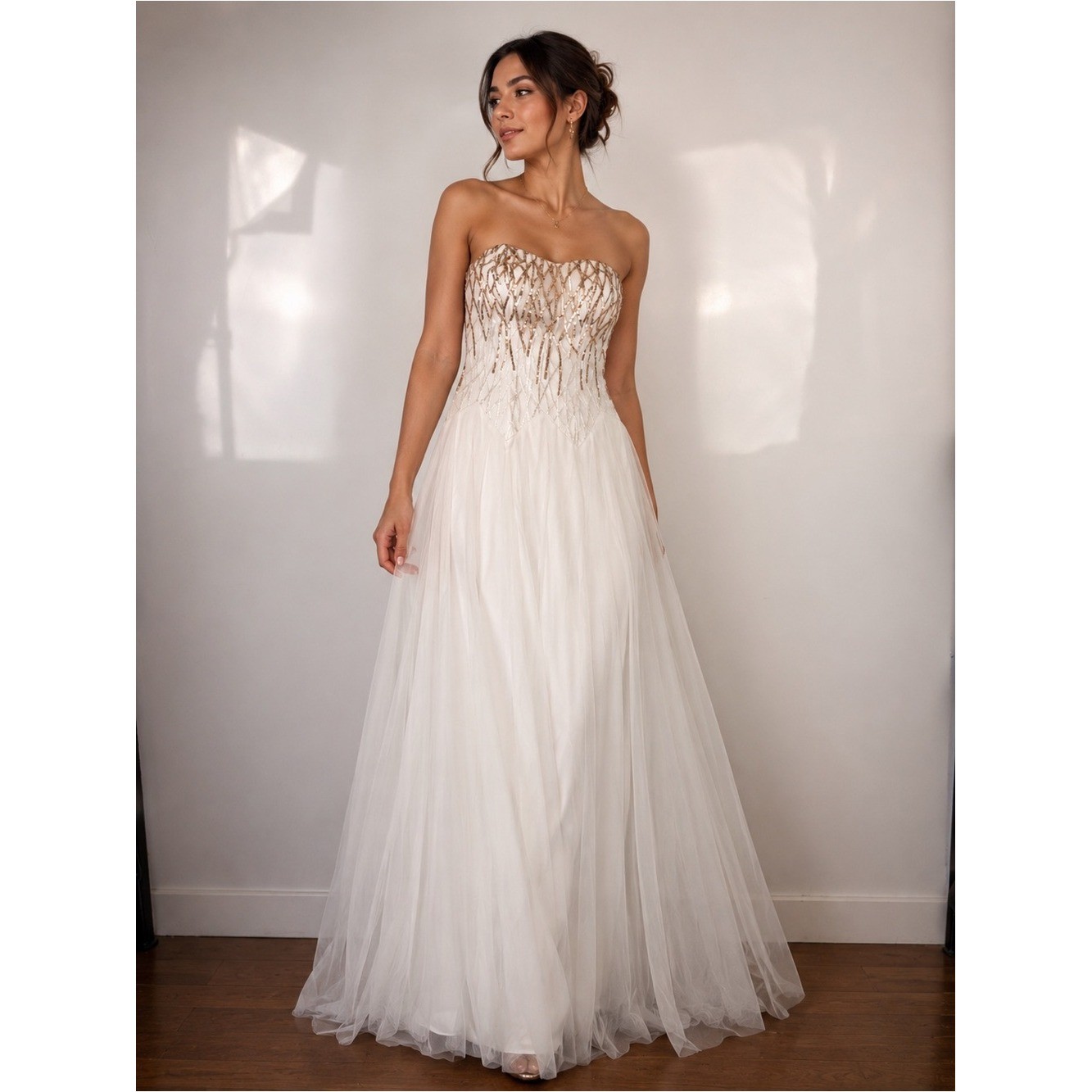 Strapless Tulle Evening Dress with Gold Embellished Bodice