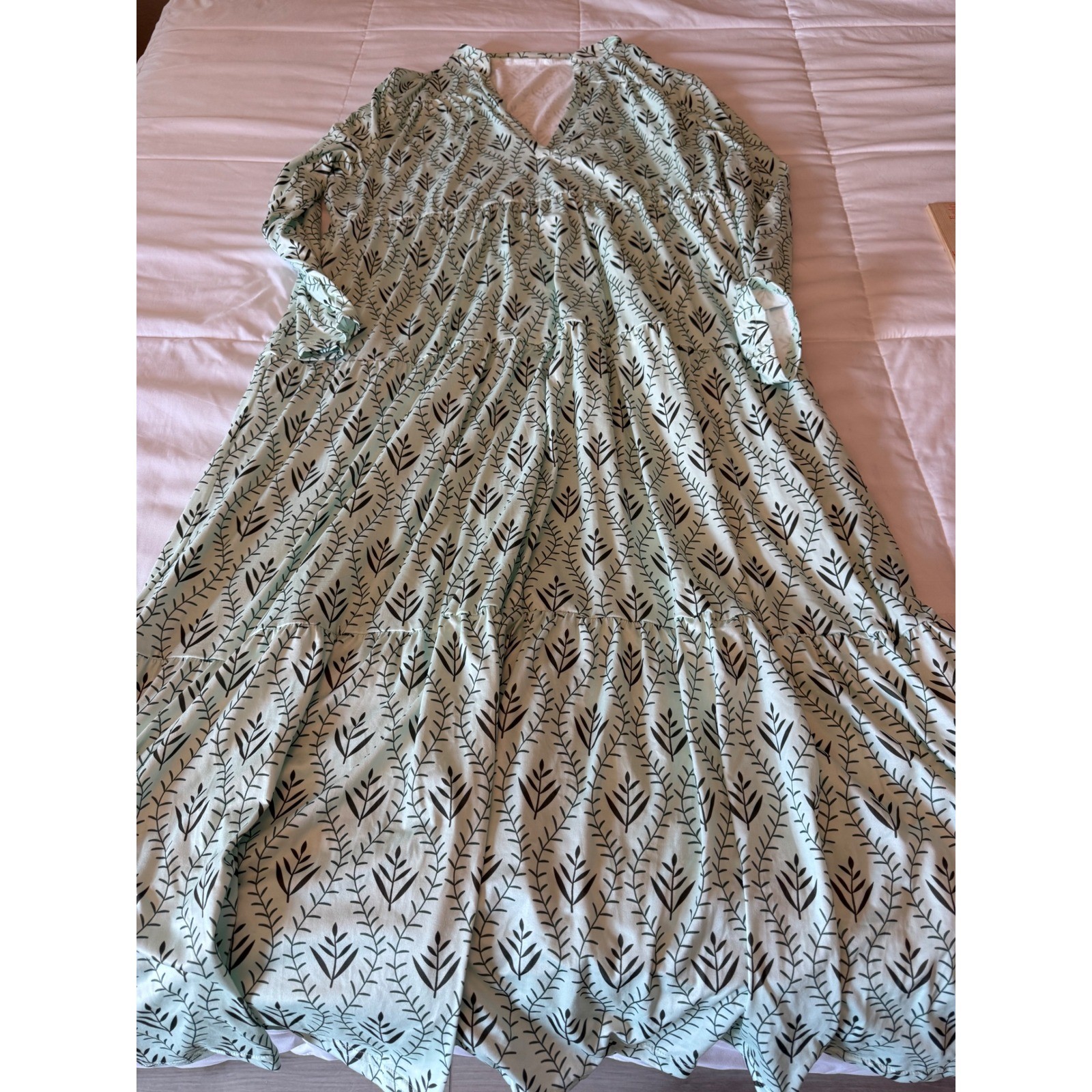 Mint Green Botanical Leaf Print Tiered Maxi Dress V-Neck Long Sleeve Boho L