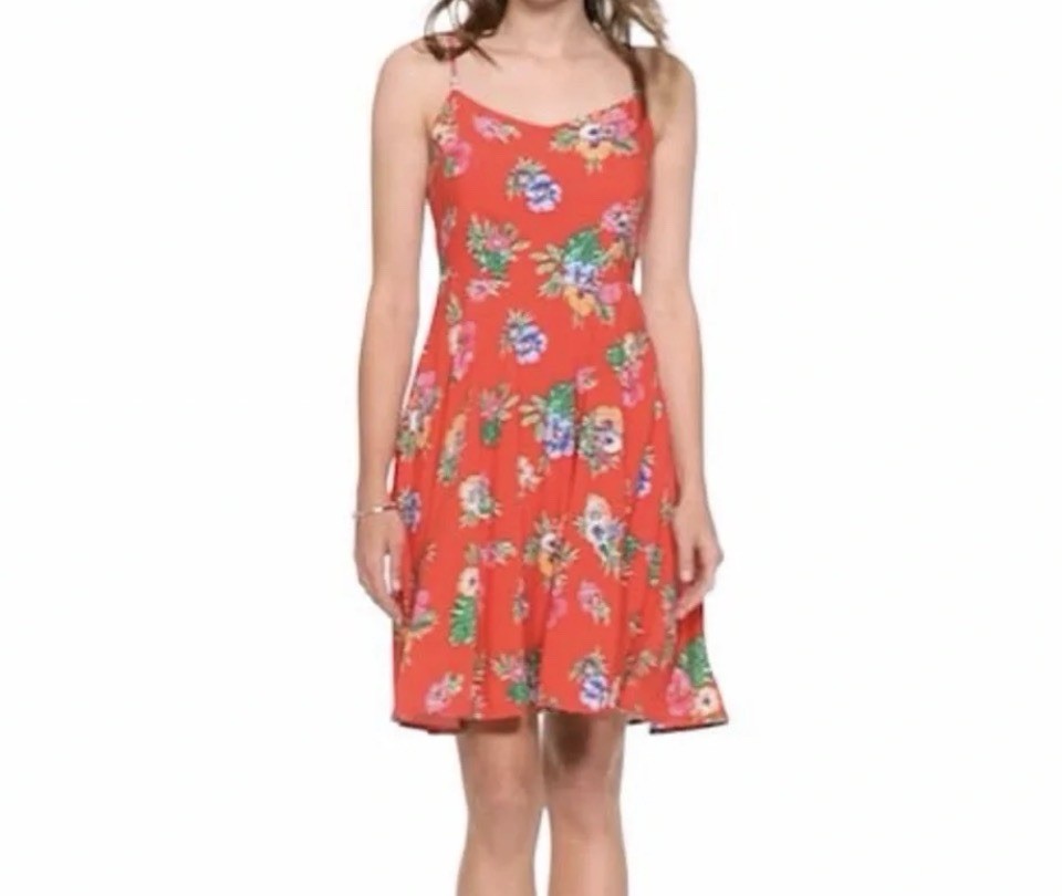 Old Navy 100% Rayon Red Pink Green Orange Hawaiian Floral Tank Slip Sun Dress L