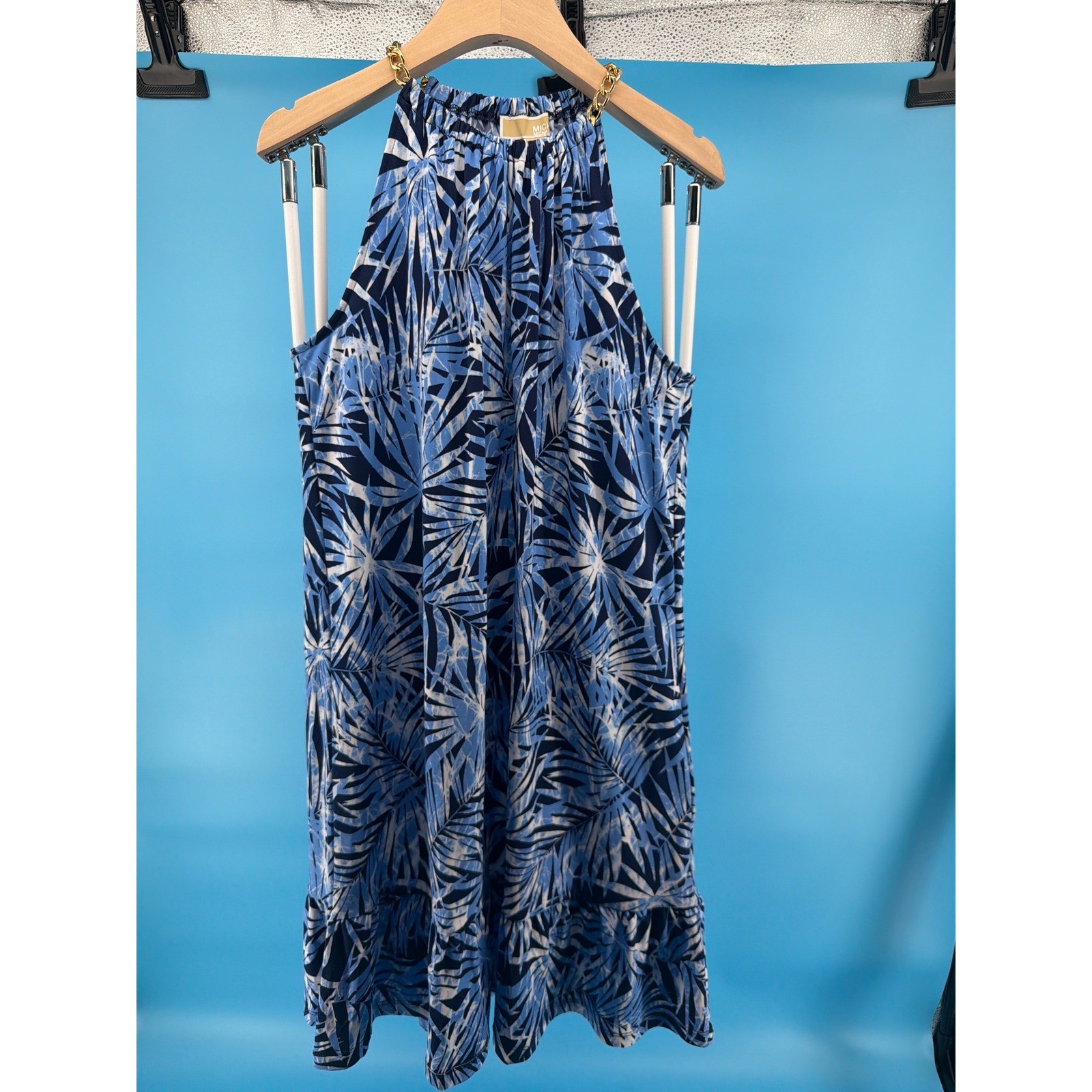 Michael Kors Blue Tropical Palm Halter Dress Gold Chain Strap Ruffle Hem NWT M