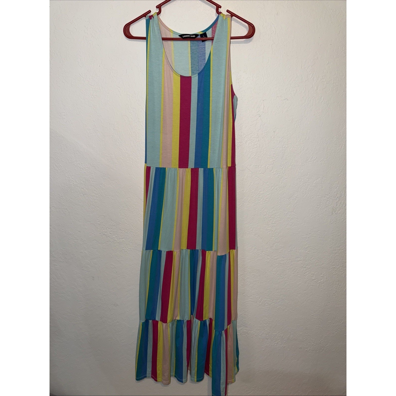 Lands End Womens L 14-16 Multi Color Striped Tiered Sleeveless Maxi Dress Cotton