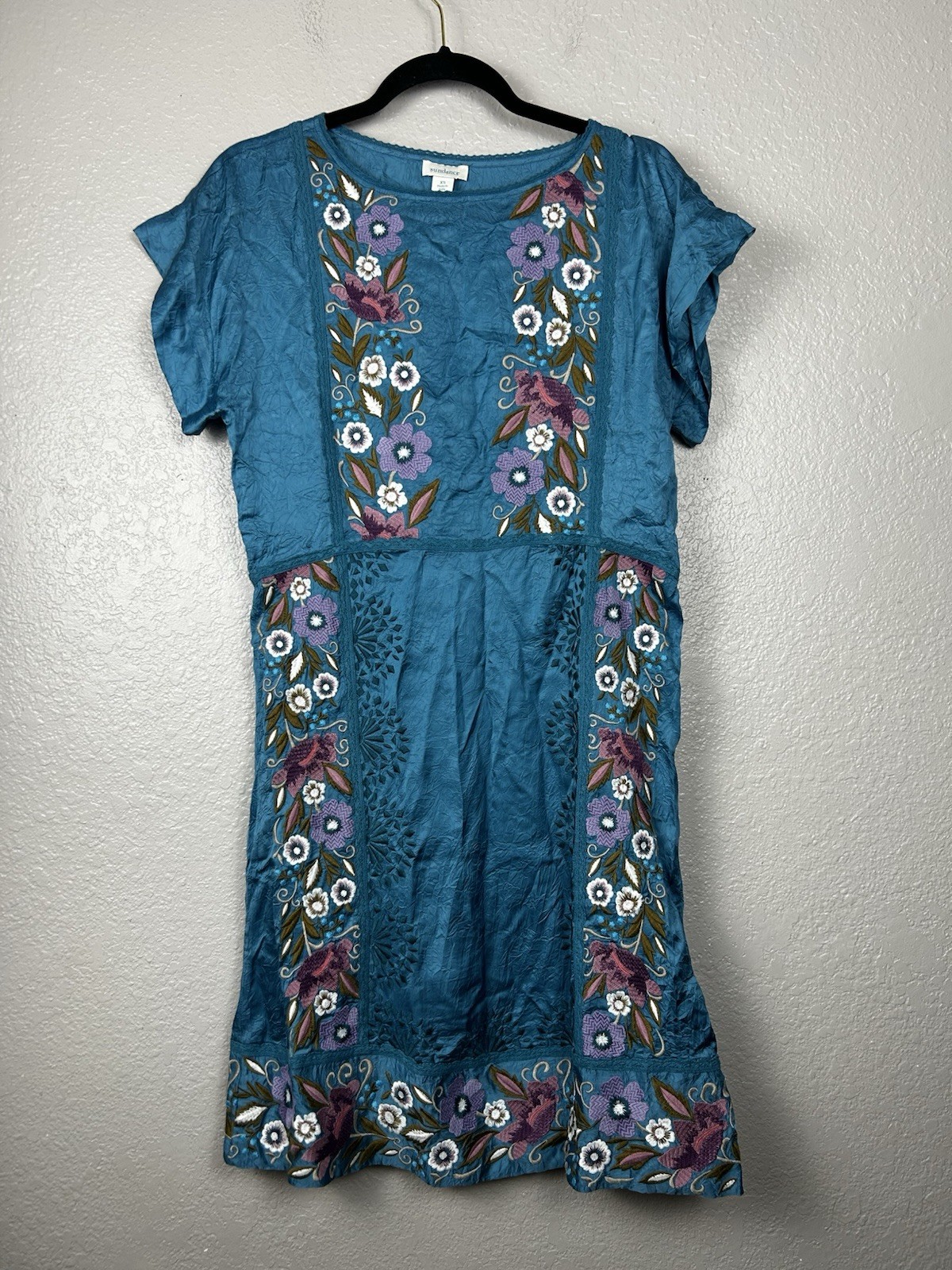 Sundance Catalog Malika Crinkle Embroidered Floral Lace Blue Dress Size XS