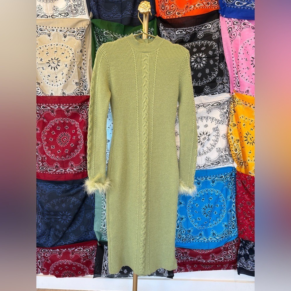 Rehab Lab Olive Knit Dress with Faux Fur Cuffs