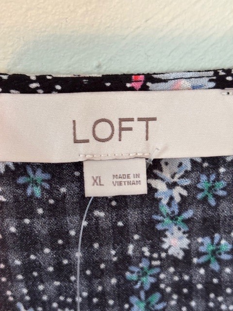 NWT LOFT Pearl Print Black Floral Puff Sleeve Midi Dress Size XL