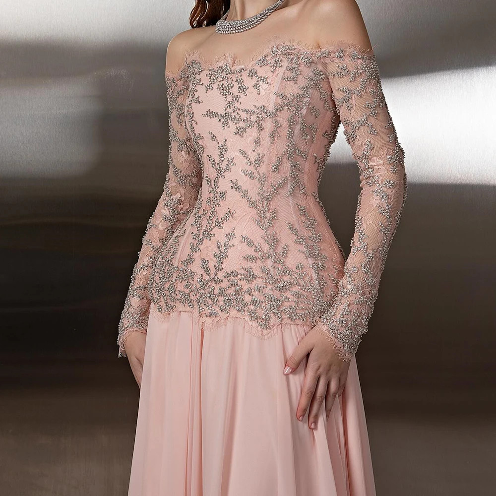 Off Shoulder Long Sleeve Illusion Beaded Pink Chiffon A Line Formal Evening Gown