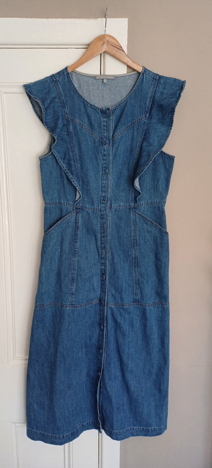 Oliver Bonas Dress Womens UK 12 Blue Denim Dark Wash Frill Midi Casual Summer