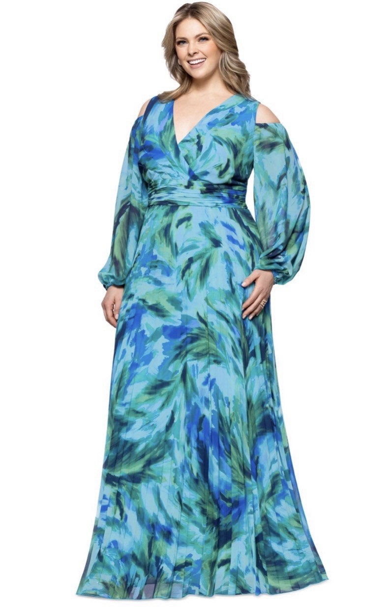 Xscape Plus Size Printed Cold-Shoulder Dress – Turquoise/Navy