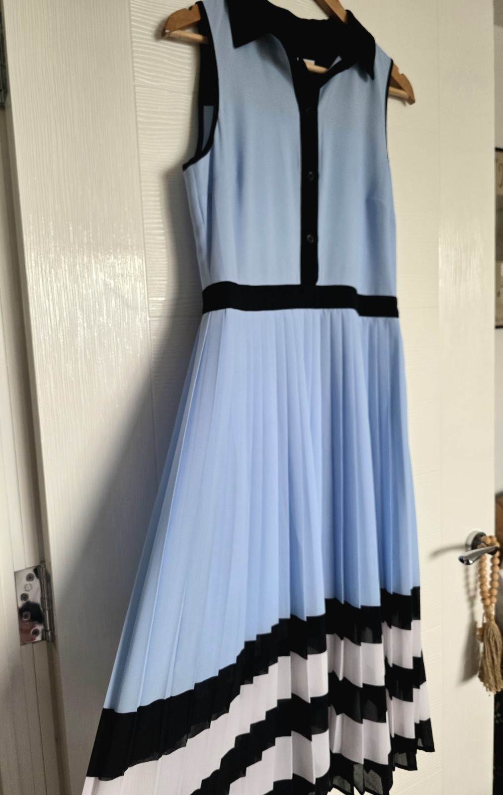 Michael Kors Womens Light Blue Contrast Stripe Pleated Midi Dress (US 6) UK 10