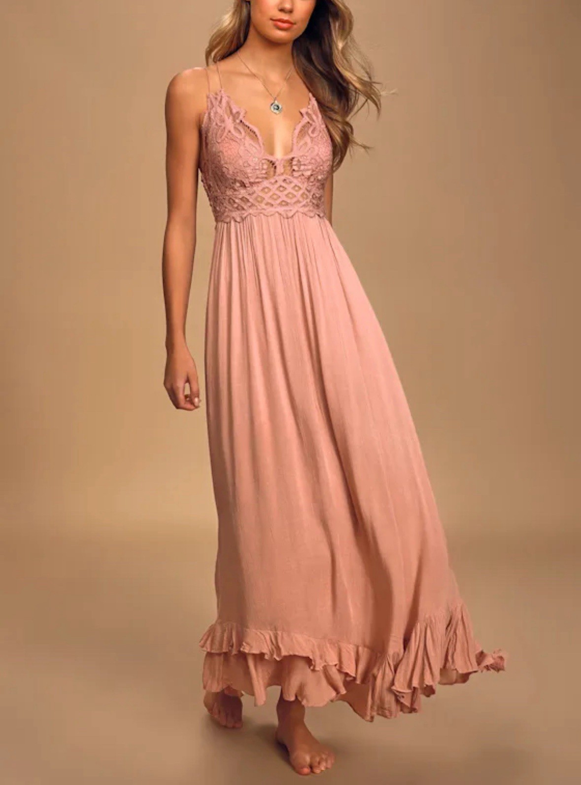 Free People Adella Maxi Slip Dress Rose Pink Crochet Lace Boho Gown Size Medium