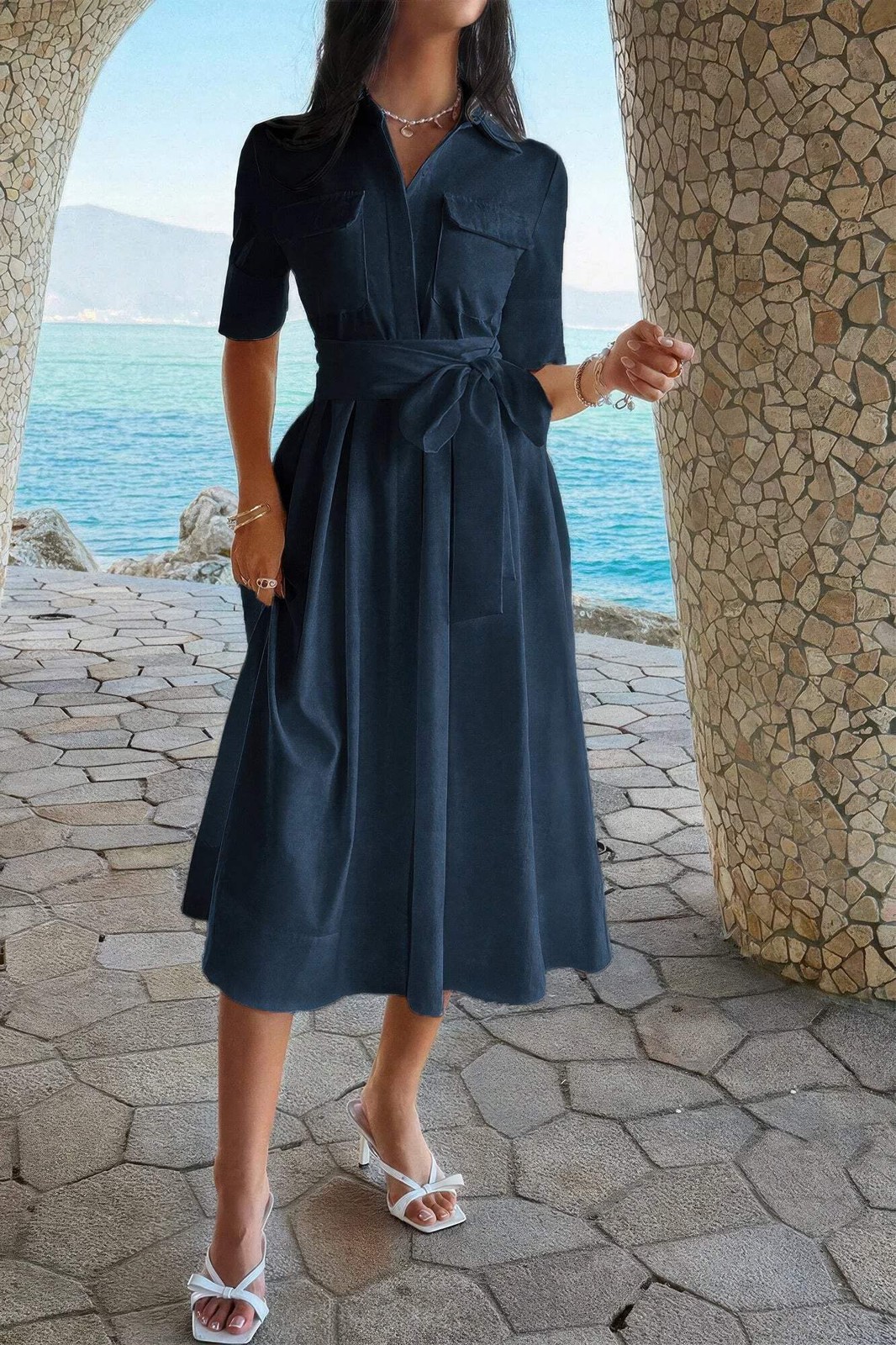 Women’s A-Line Midi Shirt Dress Turn Down Collar Belted Pockets Casual Office