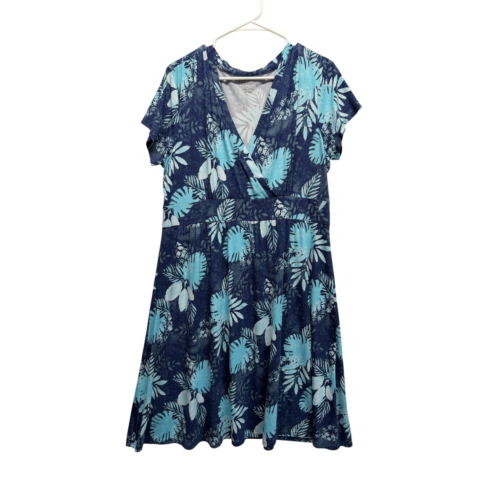 L.L. Bean Dress Tropical Floral Faux Wrap XL Pet Blue Women